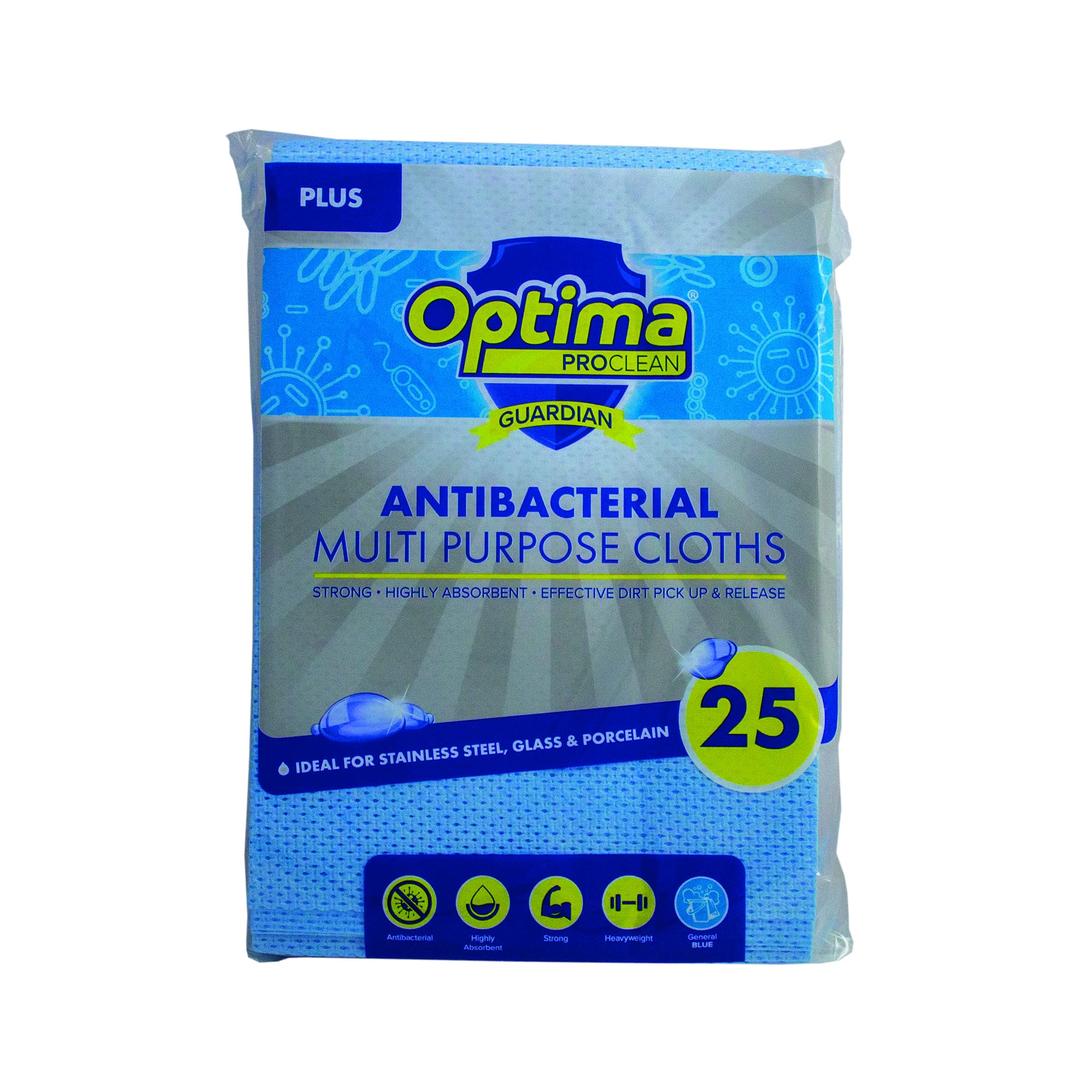 Optima Proclean Guardian Professional Antibacterial Super Absorbent Semi-Disposable Multi-Purpose Cleaning Cloths, 50x36cm, Pack of 25, Blue[Amazon-developed Certification] Compact by Design