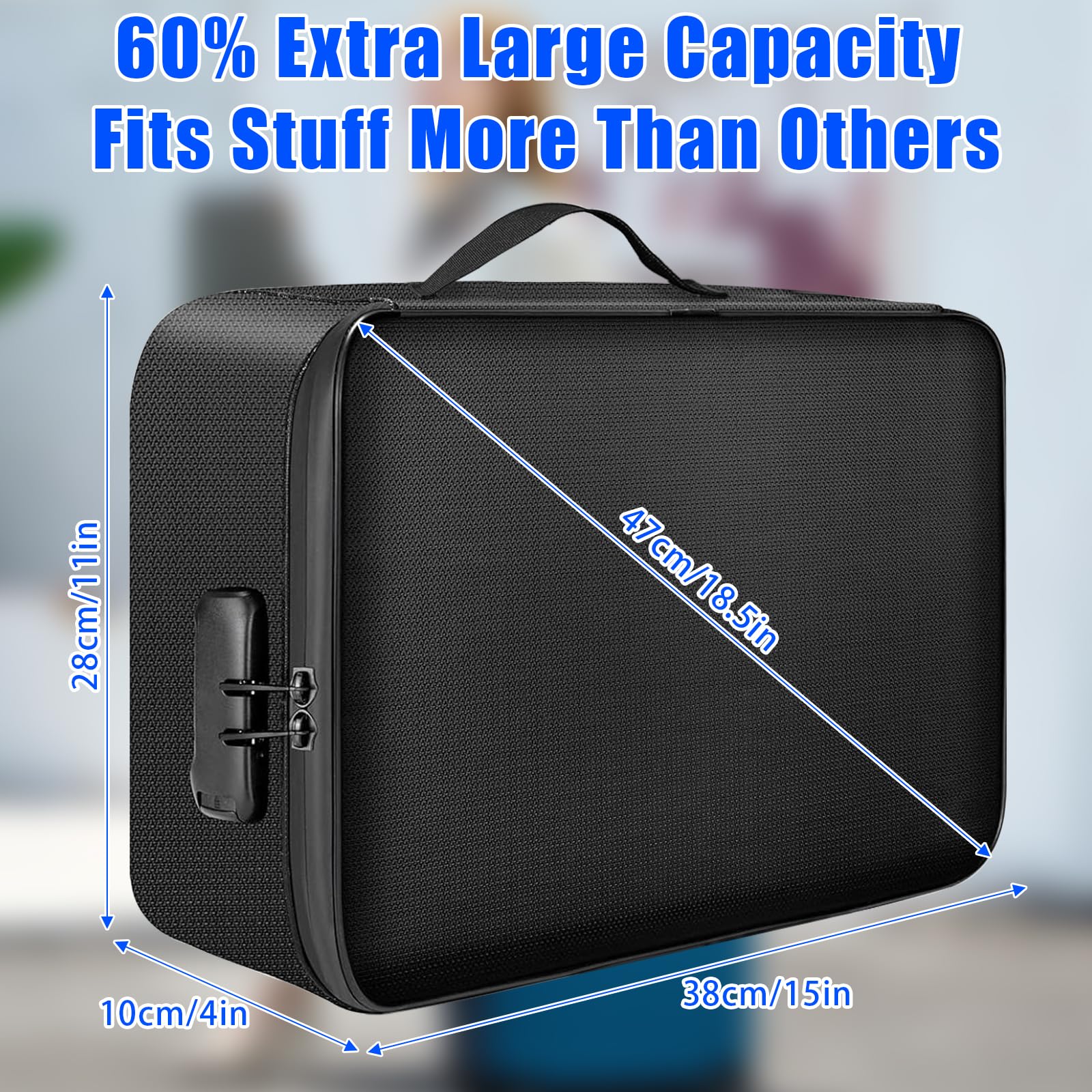 Bolsa de documentos ignífuga, impermeable, 38 x 28 x 10 cm, 4 capas, gran capacidad, ignífuga, con cerradura, caja de almacenamiento segura para pasaportes, certificados, documentos legales, objetos