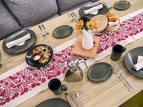 Miniatura 3 de OR1GIN - Camino de mesa hecho a mano, hilo de seda y algodón de alta calidad, diseño mexicano, bordado a mano por artesanos, marfil y rosa