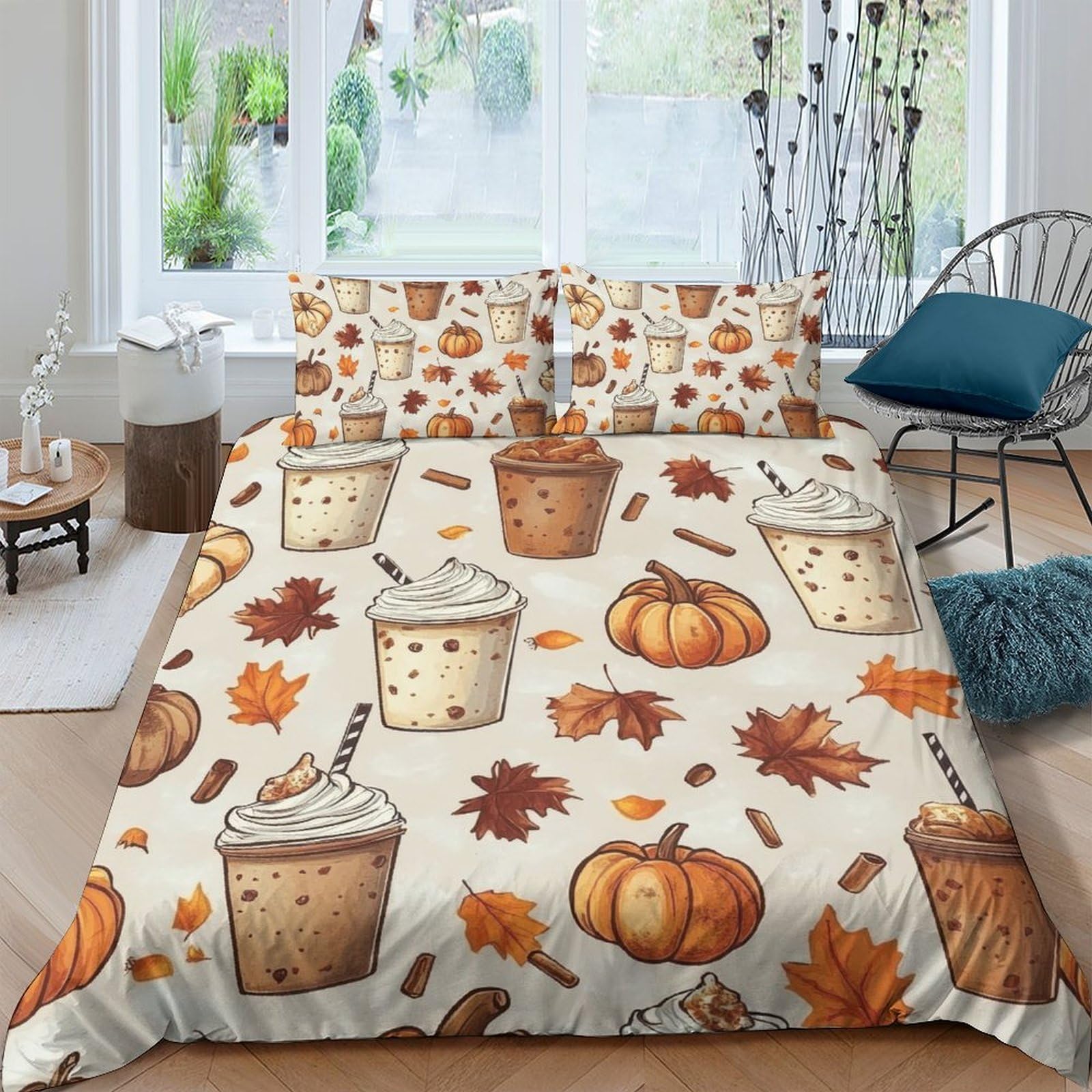 Ctjqhvkz Style-8 3D Printed Pumpkin Latte Fitted Sheet Microfiber Soft Autumn Leaves Bed Cover For Bedroom Dorm Mattress Decor Single（135X200cm）