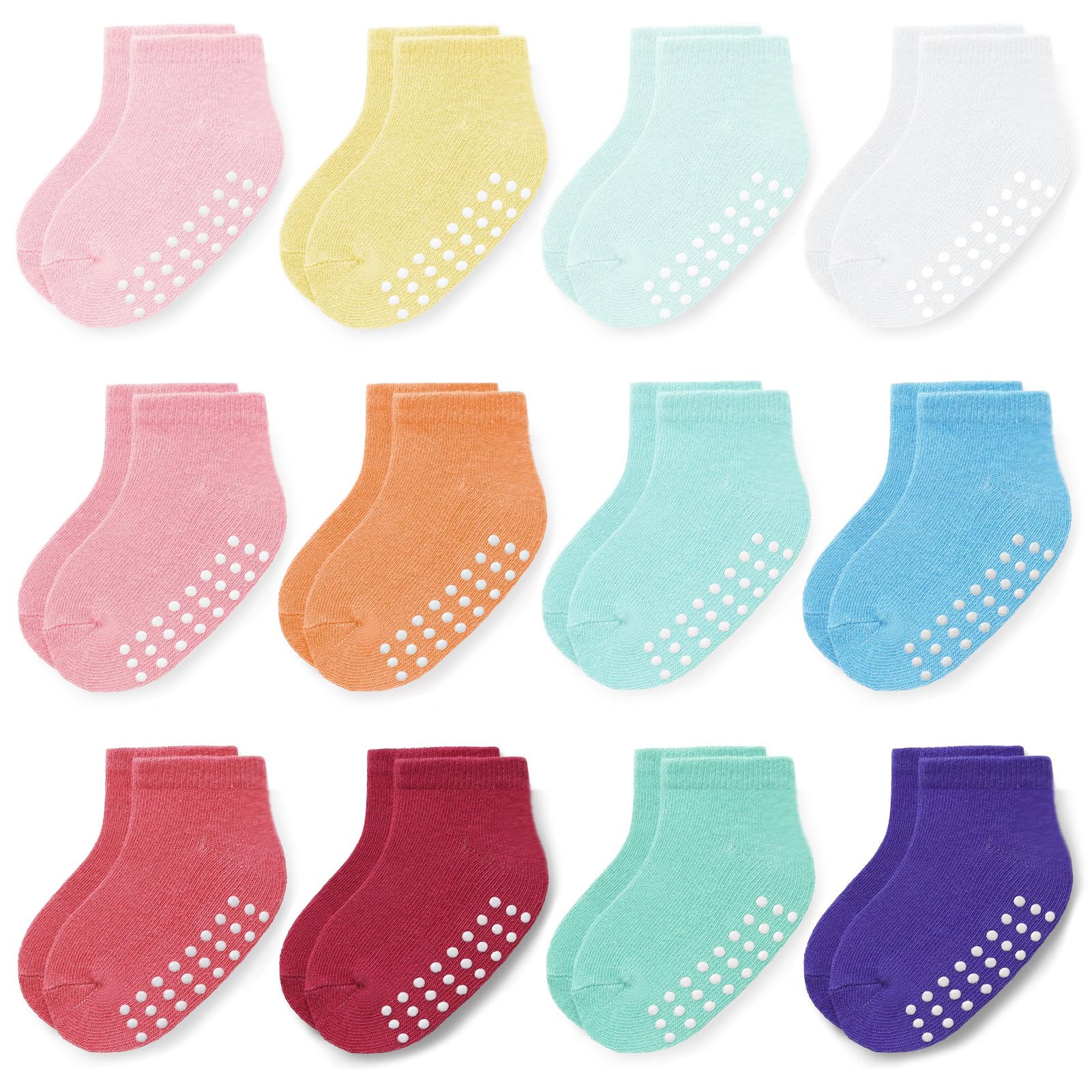 JAKIDAR 12 Pair Baby Toddler Socks Non-Slip Grip Cotton Ankle Socks for Boys Girls Non Skid Soles for