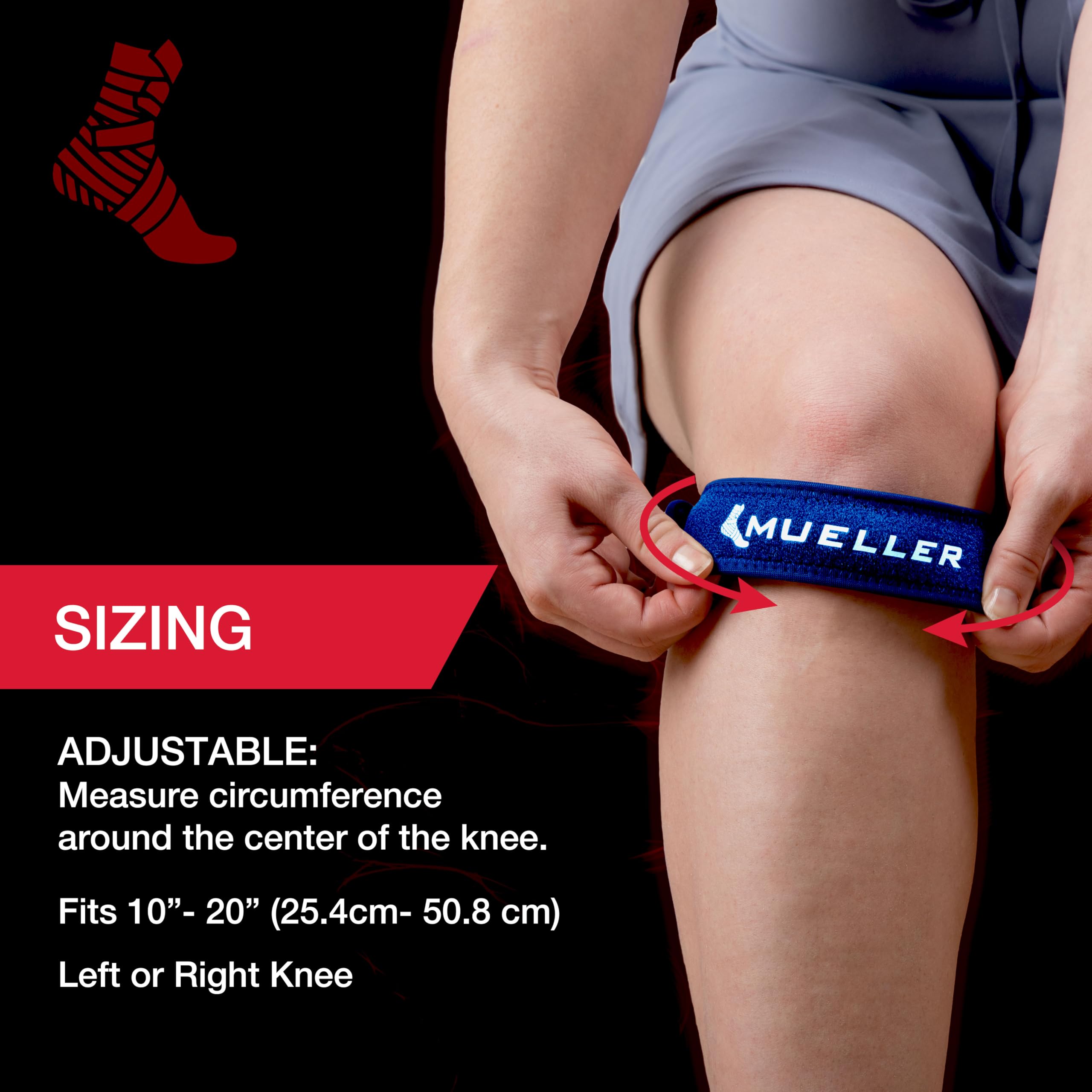 MUELLER Sports Medicine Jumper's Knee Single Strap for Men and Women, Knee Compression and Pain Relief Support, Ideal for Osgood-Schlatter's, Patellar Tendinitis, One Size