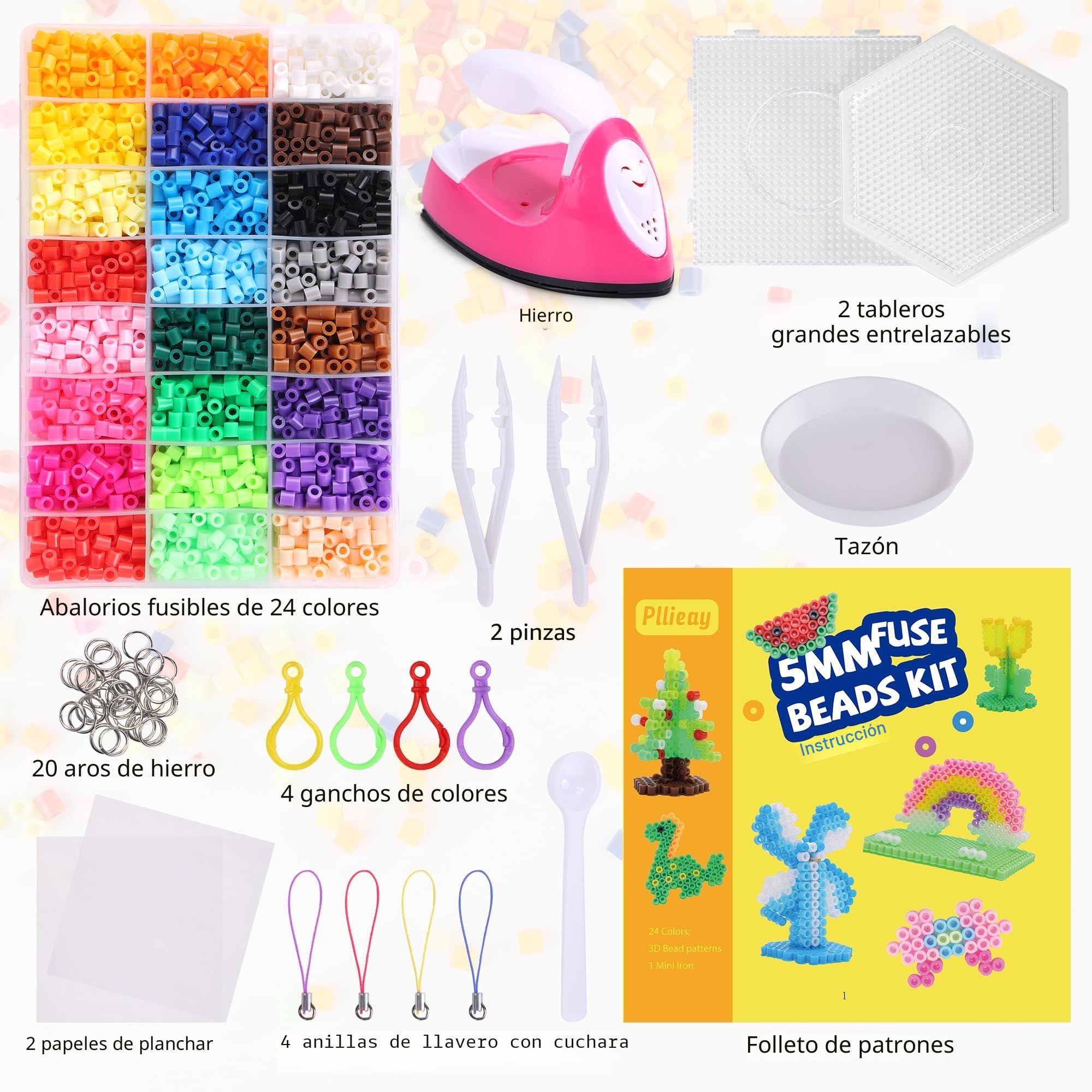 Kit de Perlas de Fusión 5mm, Paillettes para Planchar en 24 Colores, Set de Perlas de Hierro con Mini Plancha y Papeles para Planchar DIY Manualidad Regalo para Niños
