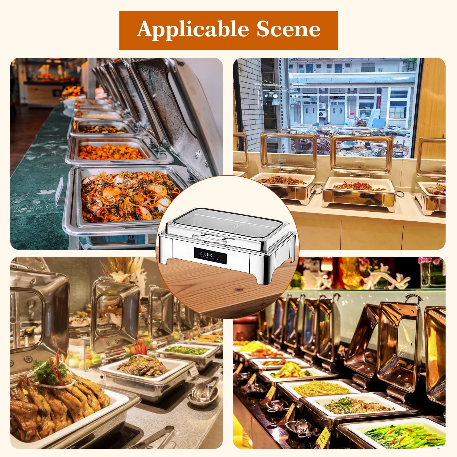 Chafing Dish Elettrico, 9L Scaldavivande Elettrico per Buffet Acciaio Inox, Chafing Dish Buffet Elettrico Temperatura Regolabile con Coperchio in Vetro Trasparente per Buffet(B, 1/3 Pan)