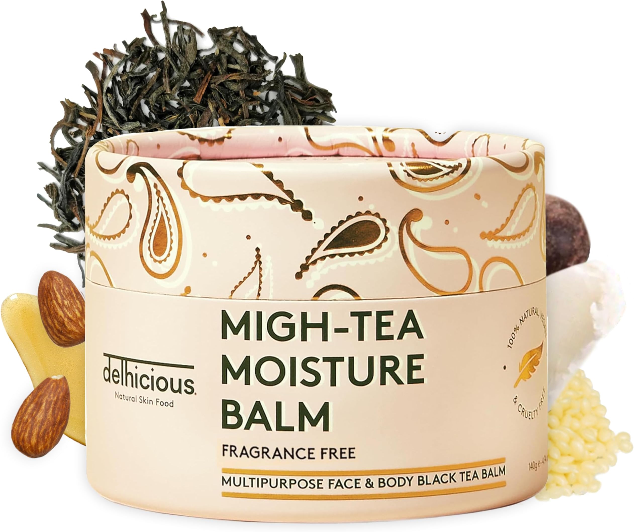Delhicious Fragrance Free Face & Body Balm for Dry Sensitive Skin - Migh-Tea Moisture Shea Butter Moisturizer - Eczema Relief, Psoriasis Treatment - Natural, Vegan, Ayurveda - 140g
