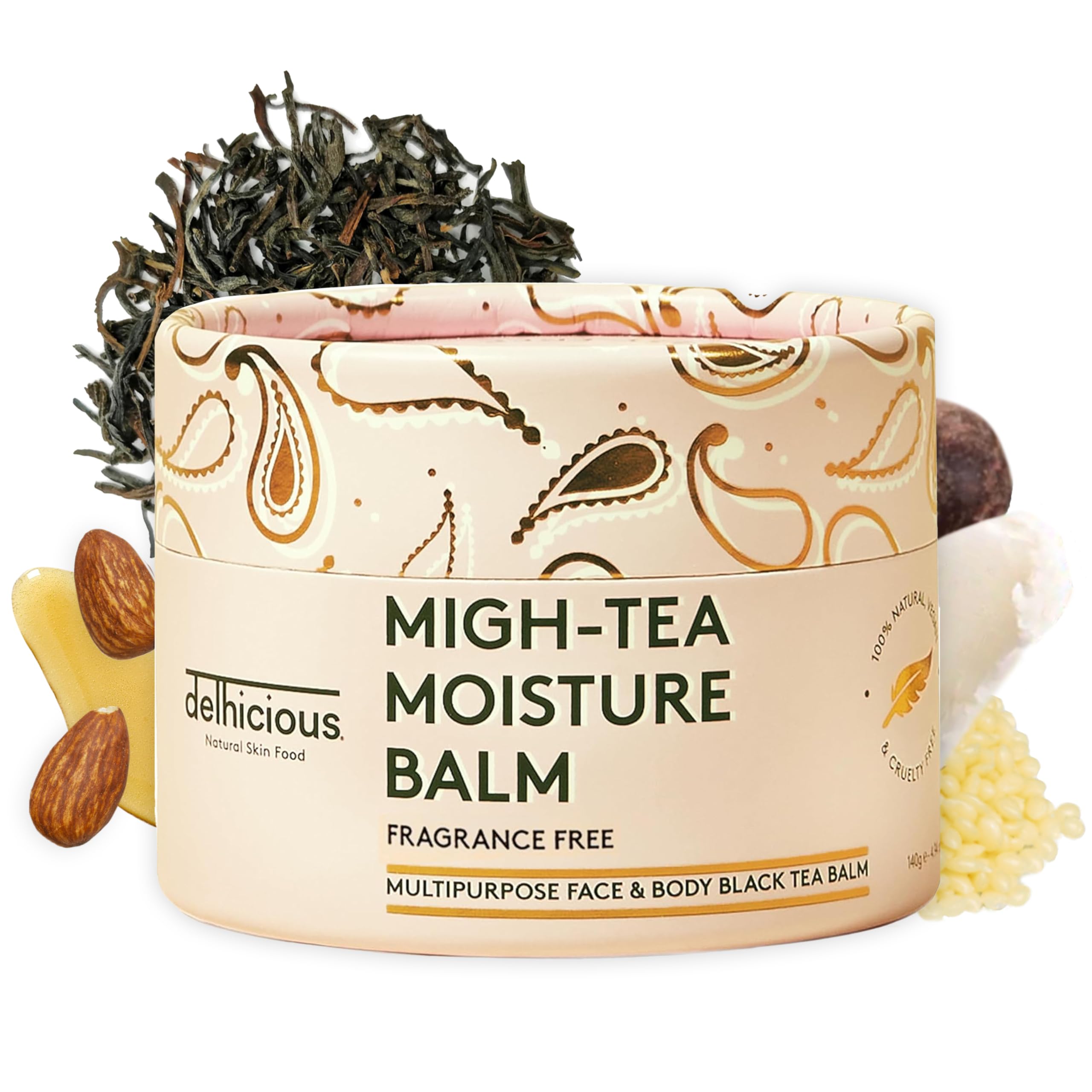 Delhicious Fragrance Free Face & Body Balm for Dry Sensitive Skin - Migh-Tea Moisture Shea Butter Moisturizer - Eczema Relief, Psoriasis Treatment - Natural, Vegan, Ayurveda - 140g