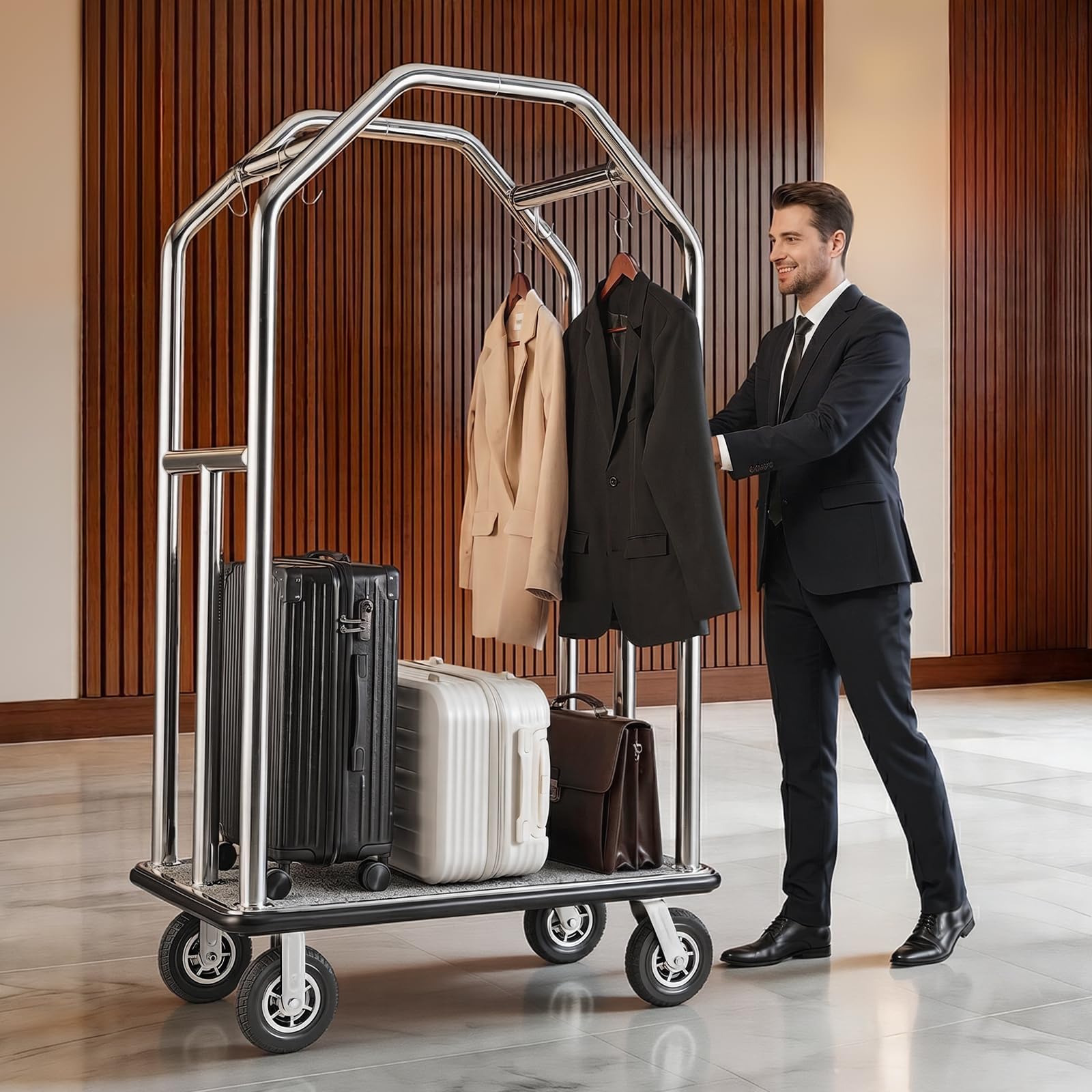 VEVOR Carrello Portabagagli per Hotel, Portata Max 680,39 kg, Carrello Bagagli Hotel con Telaio in Acciaio Inox, Ruote in Gomma da 203 mm, Pianale Rivestito in Moquette Grigia, per Alberghi e Resort