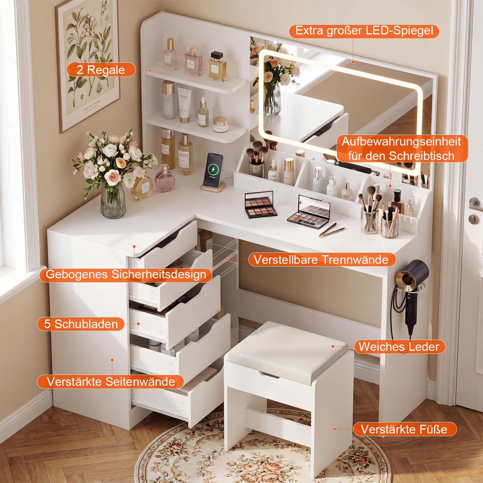 JUMMICO Toeletta per Trucco con Specchio LED e Presa USB, Scrivania a L con Sgabello, Postazione Trucco con 5 Cassetti e Ripiani, Salvaspazio per Camera da Letto Tavolo (Bianco opaco)