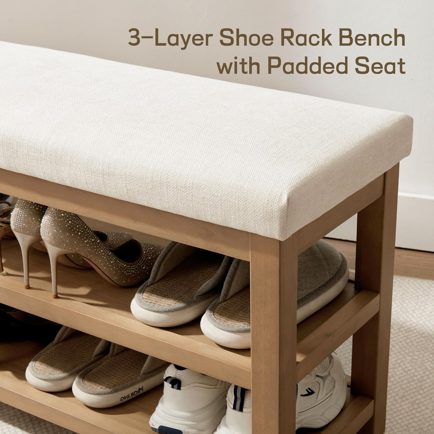 2 Tier Shoe Rack Bench with Cushion, Solid Wood Shoe Benches, Mid-Century Modern Shoe Storage Bench for Entryway, Hallway, Living Room, Closet, Front Door Entrance, (Beige, 31.5")
