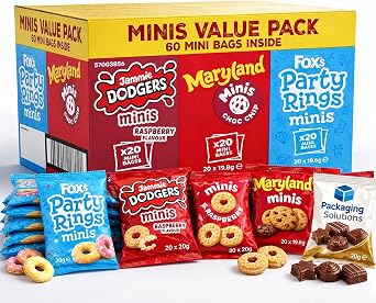 Fox Mini Biscuit Variety Pack 60 Count, Jammie Dodgers, Maryland Choc Chip & Party Rings Minis, Individually Wrapped Snack Packs, Lunchbox, Party & Sharing Biscuits with Random Chocolate Treat