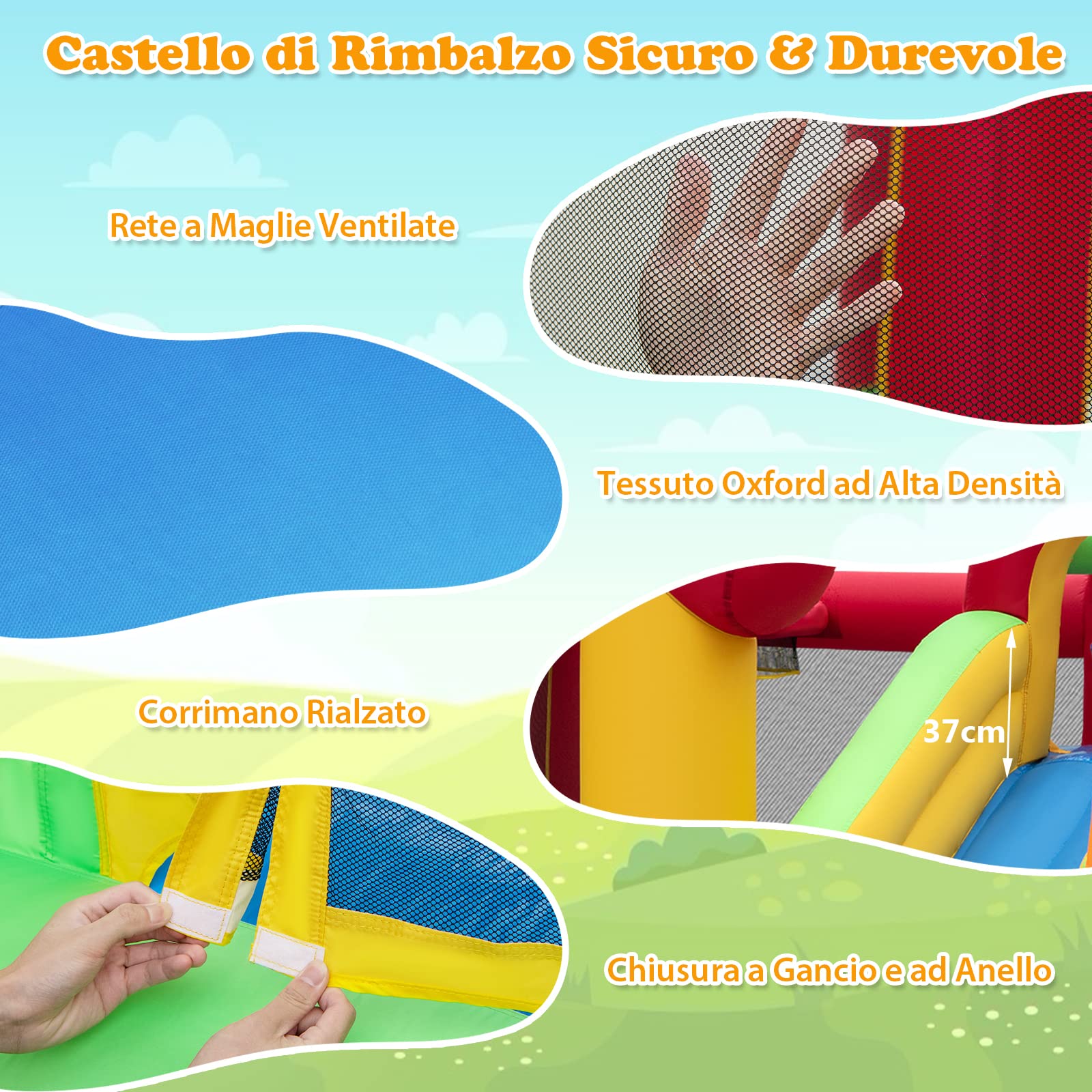 COSTWAY Castello Gonfiabile per Bambini, Casa Gonfiabile con Scivolo, Trampolino e Canestro da Basket, 50 Palline Colorate e Soffiatore, Con Borsa di Trasporto e Kit di Riparazione, 325 x 290 x 205 cm