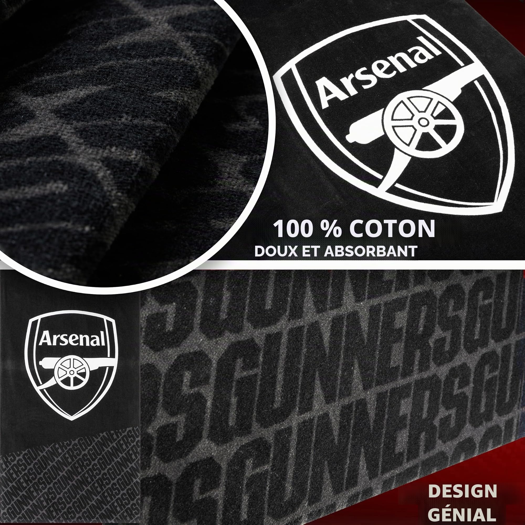 Serviette Arsenal F.C. pour Homme Femme Adolescents Enfants 100% Coton Séchage Rapide Emblème Football Serviette de Plage Bain Natation Gym Été Douche Équipement Supporter 137x69cm