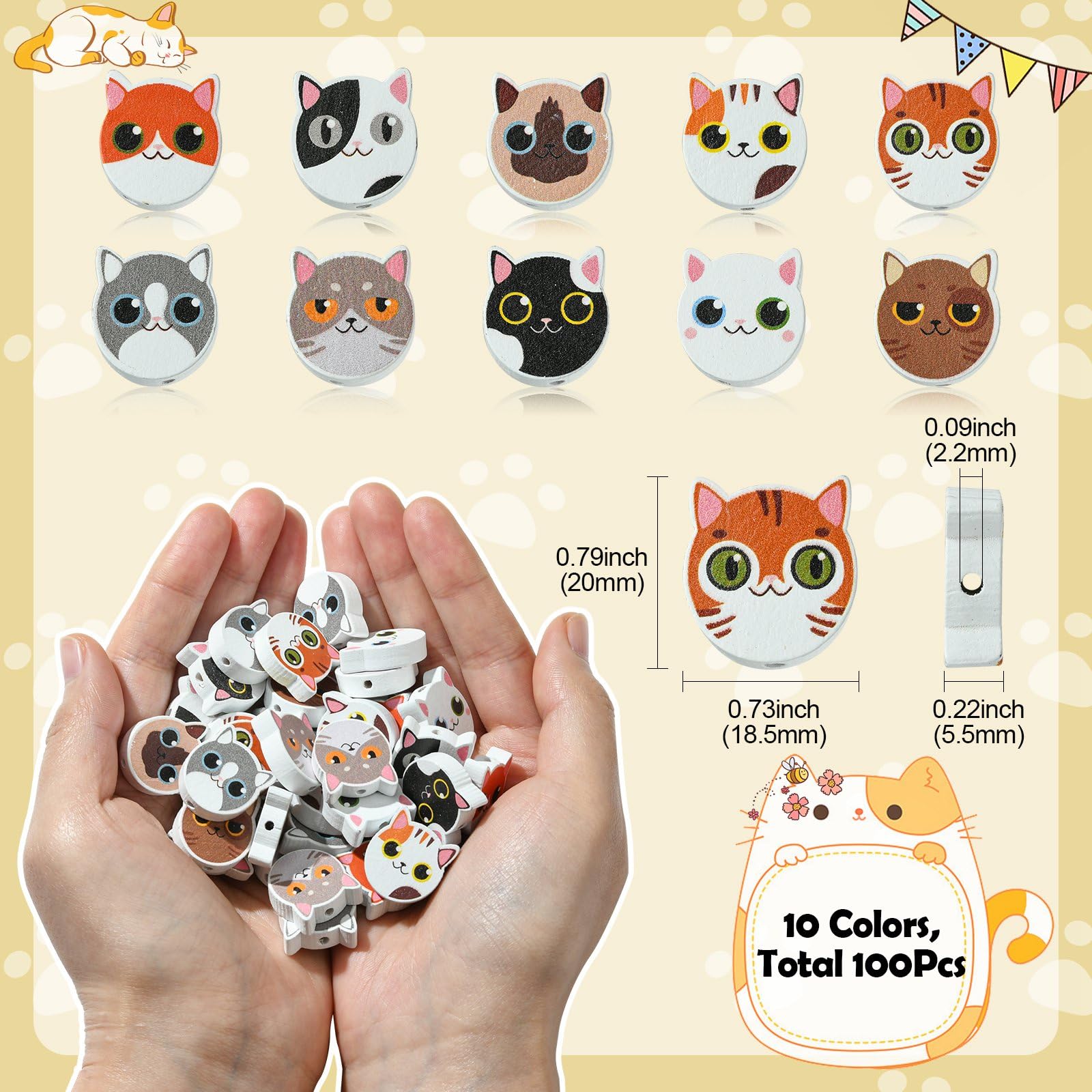 DanLingJewelry 100Pcs Random Cat Face Wooden Beads - Cute Cat Animal Head Beads for Jewellery Making DIY Crafts - Image 2