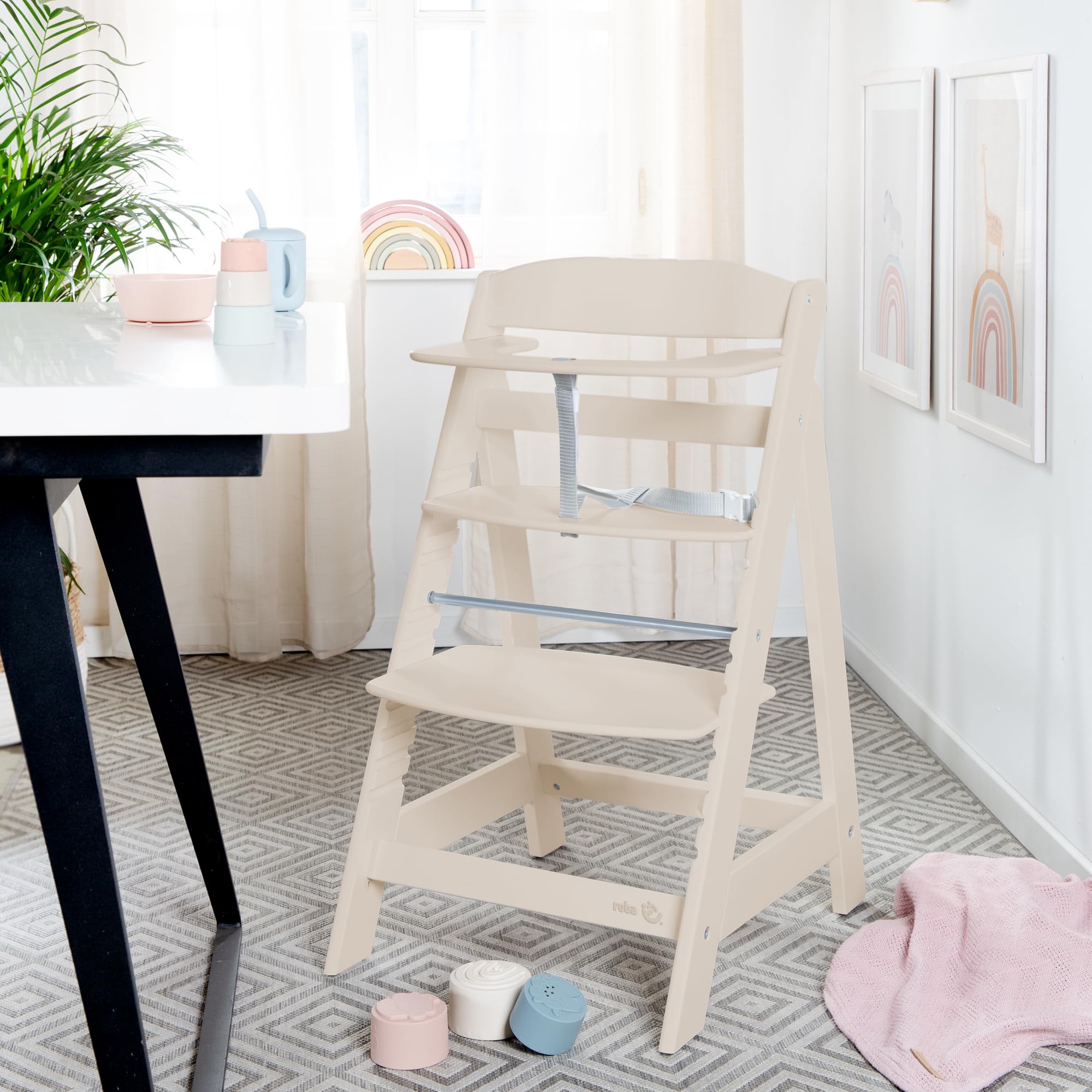 roba Seggiolone Pappa per Bambini e Neonati Sit Up Flex - Evolutivo - dalla Nascita fino alla Fanciullezza - Robusto ed Ergonomico - Legno Laccato - Beige/Cashmere