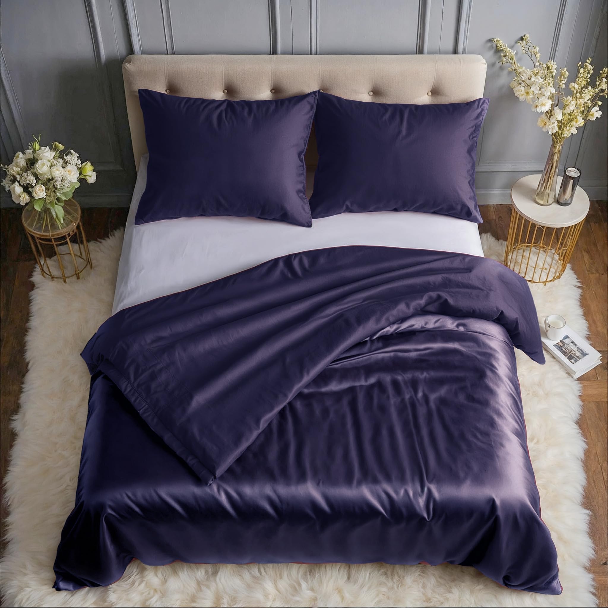 Parure de lit réversible 155x220 bleu housse de couette satin 3 pièces