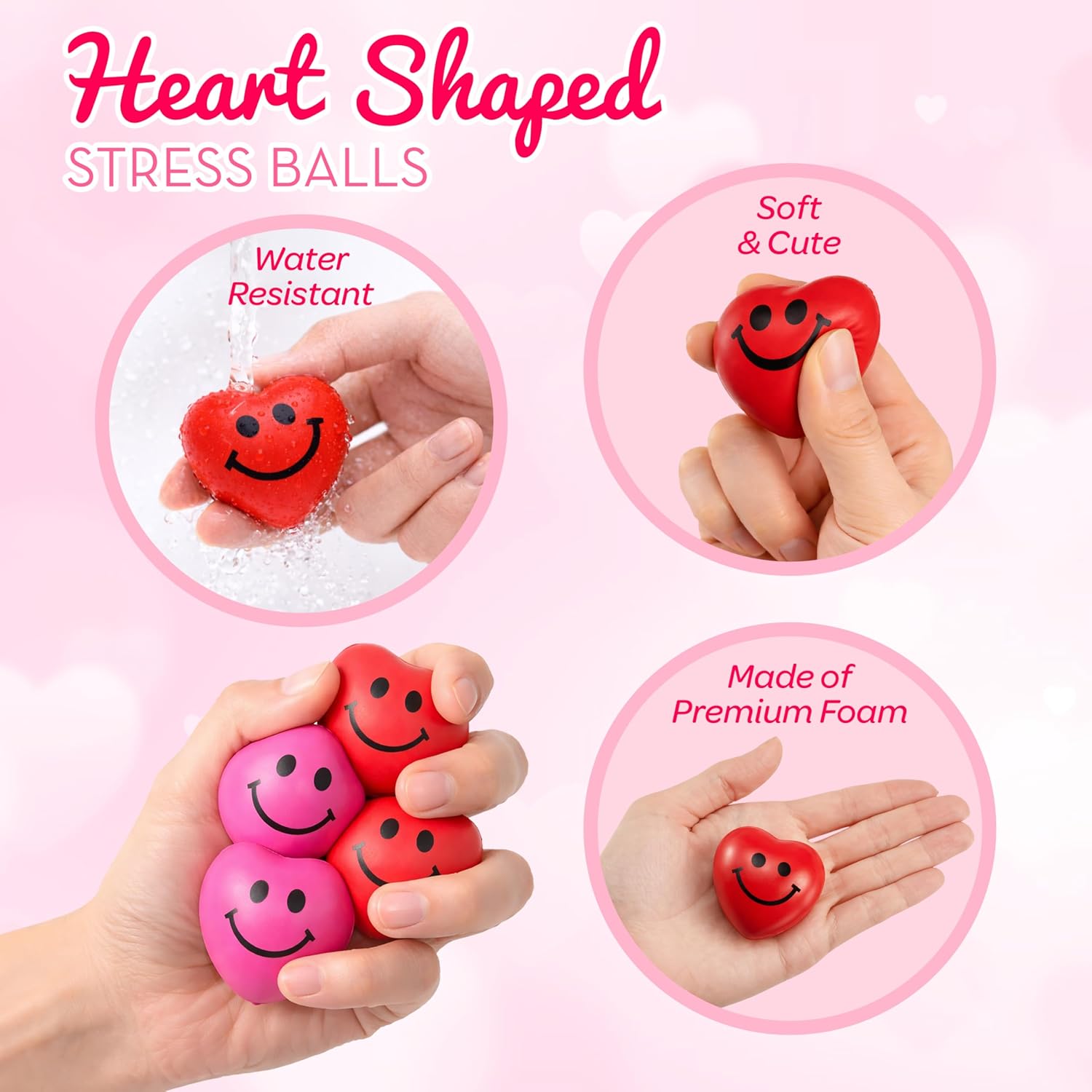 4E's Novelty 24 Pack Heart Stress Balls Bulk - Valentine Stress Hearts Mini Heart Shaped Stress Balls 1.5" - Squishy Stress Balls for Kids & Adults, Valentines Day Party Favors, Classroom Gifts