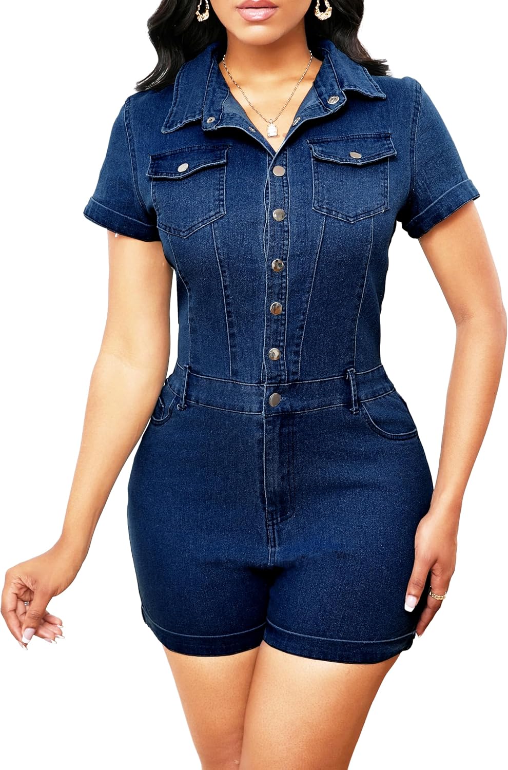 SxClub Denim Rompers for Women Short Sleeve Jeans Jumpsuits with Pockets