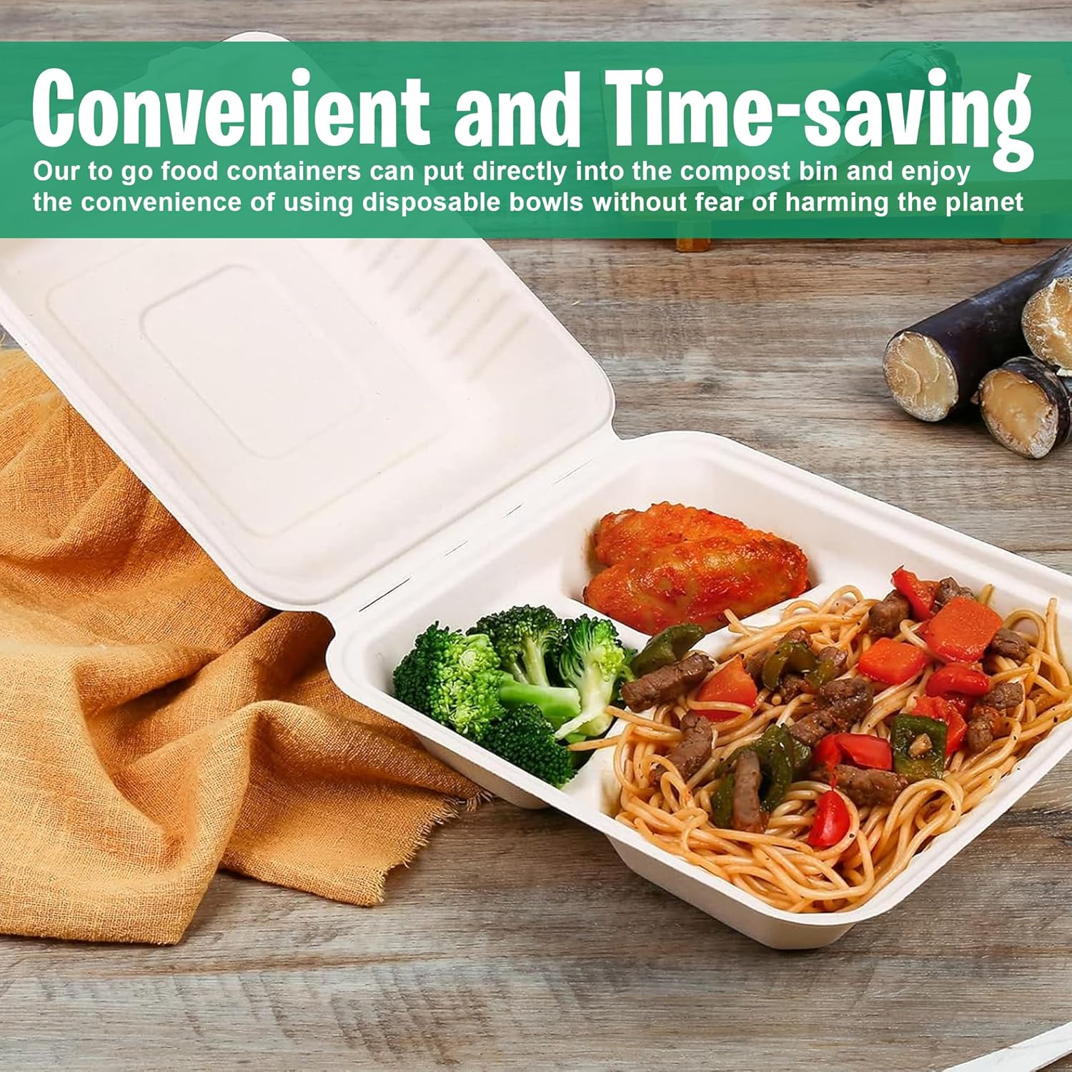 Clamshell Take Out Food Containers [8X8 50-Pack] | Meal Prep Containers with 3 Compartments | 100% Compostable, Microwave & Freezer Safe | To-go Hinged Container Made of Sugarcane Fibers