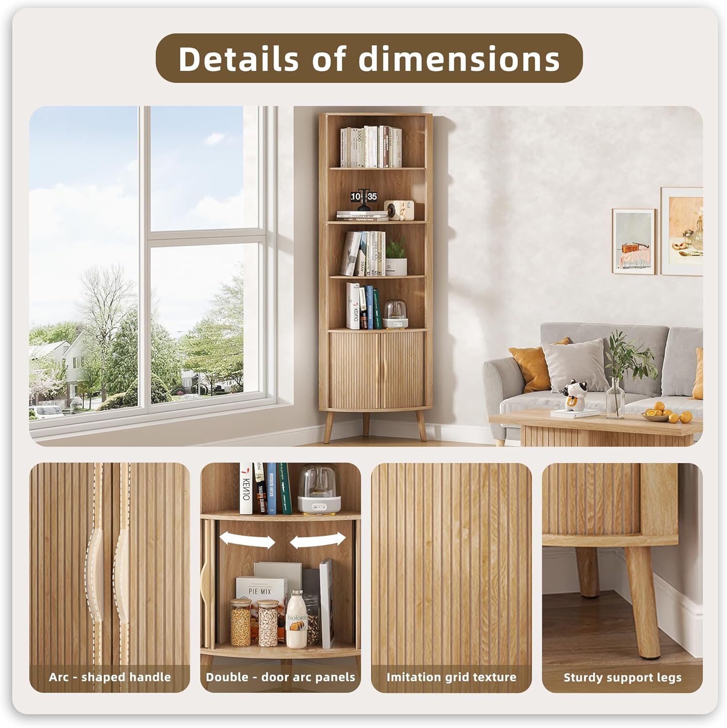 Corner Cabinet, 66.73'' Tall Modern Corner Bathroom Storage Cabinet with 2 Fluted Doors and Shelves, Home Space Saver for Kitchen, Living Room, Study Room (Wood Color, 66.73''H)