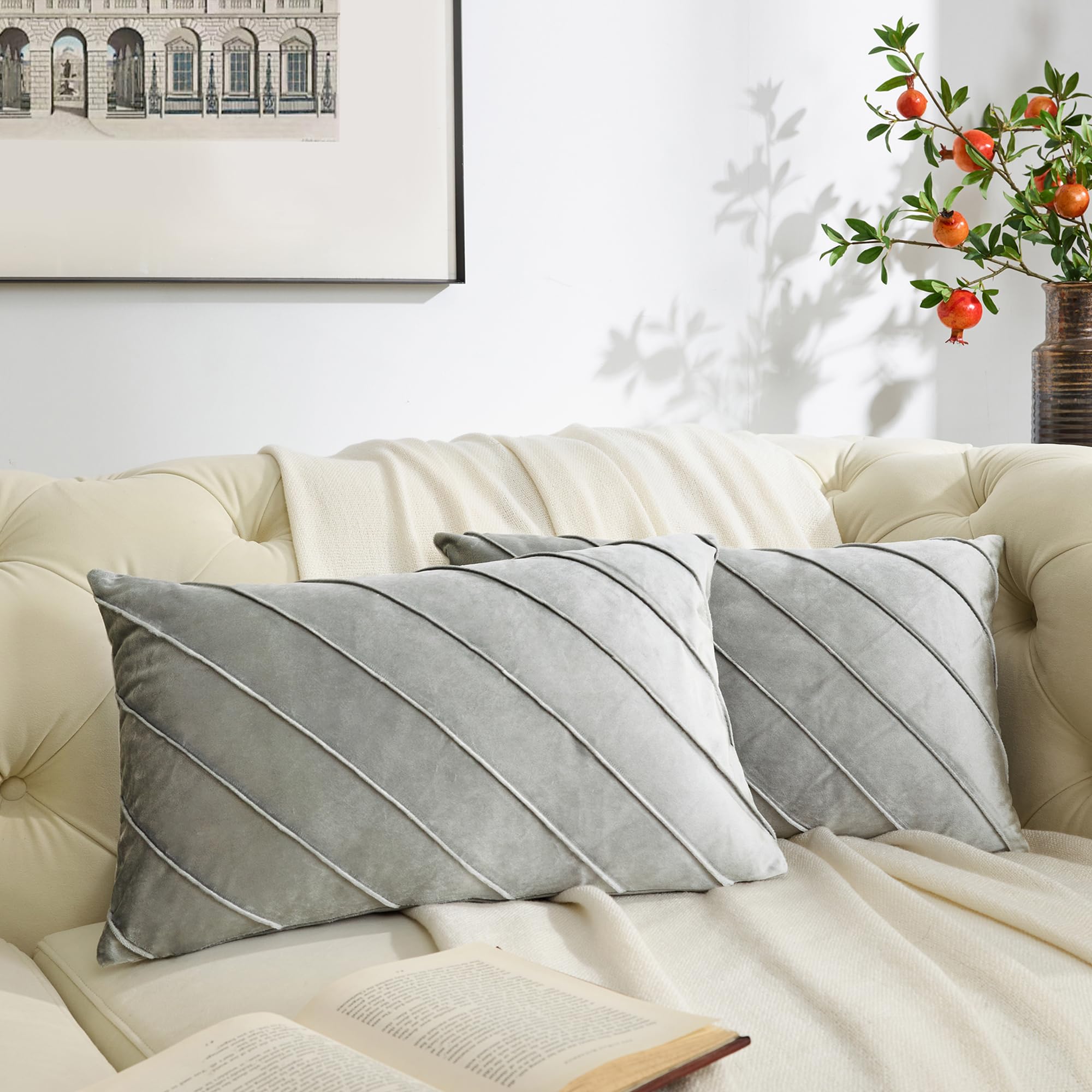 GIGIZAZA Decorative Velvet Pillow Covers 12x20, Set of 2 Silver Grey Sofa Couch Lumbar Throw Pillows Covers Cases, Living Room Square Cushion Accent