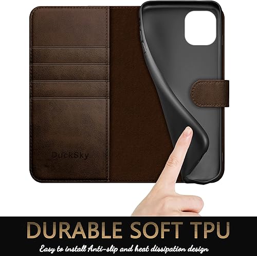 Miniatura 6 de DuckSky Funda tipo cartera de piel auténtica para iPhone 11 con bloqueo RFID, 4 tarjeteros de crédito. Cuero auténtico. Funda protectora para iPhone