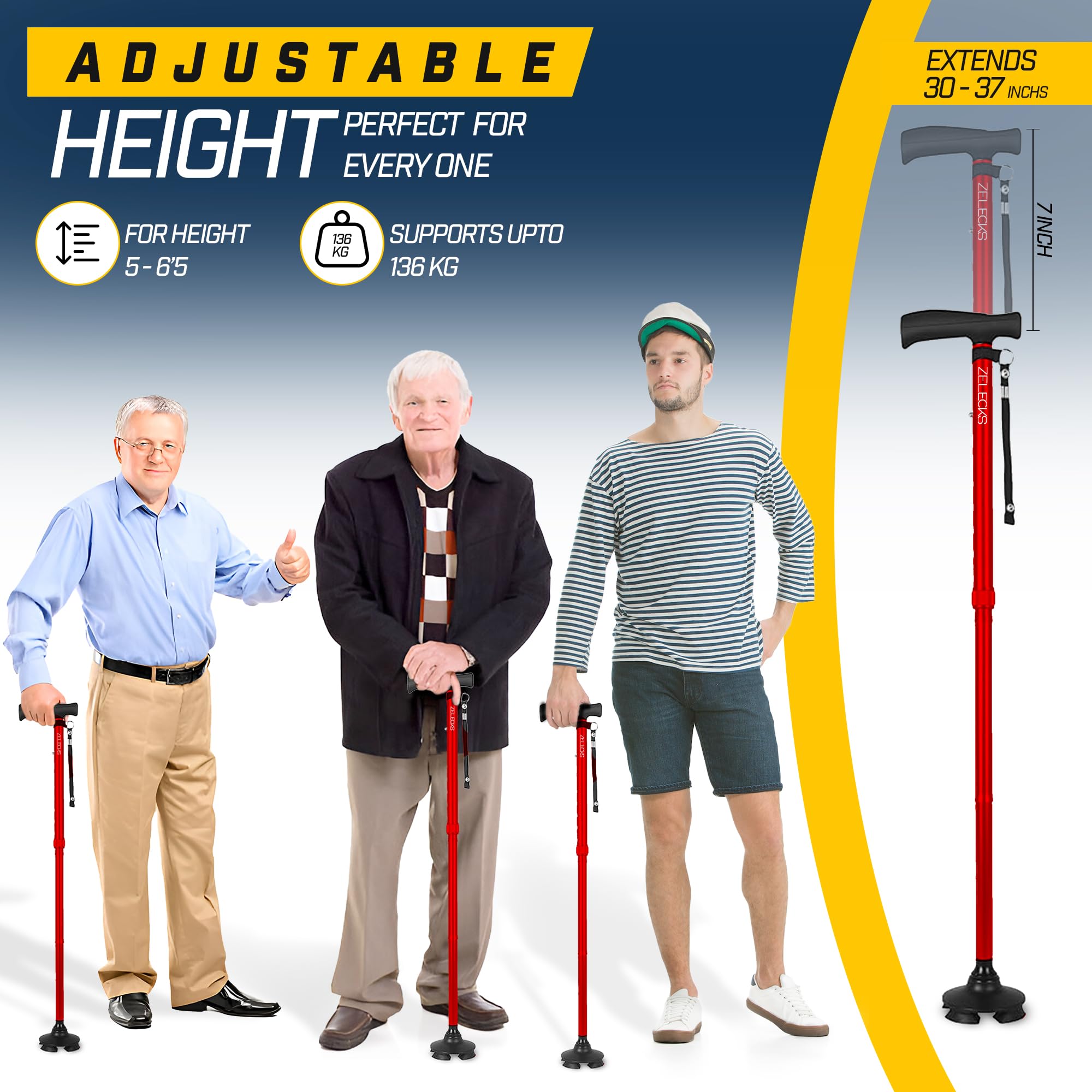 ZELECKS Bastón para caminar para mujeres y hombres, bastón plegable ajustable de pie con mango en T y base giratoria de 360 grados, bastón plegable ligero para personas mayores, bastón plegable para