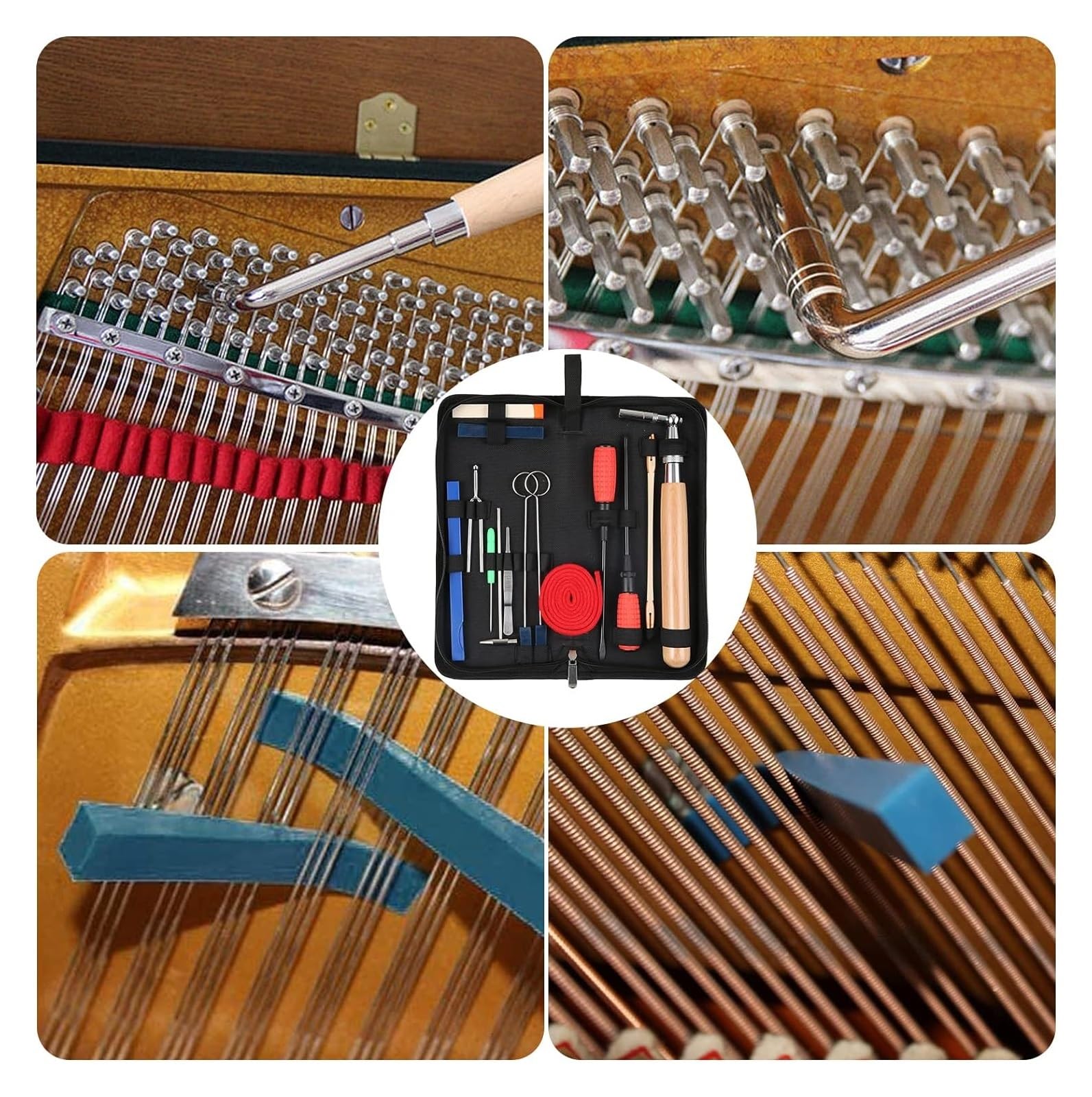 PianoTuningRepairToolsPartsAccessories， Juego de 16 herramientas de afinación, llave de afinación de mango largo, sordina de goma, destornillador, pinzas, martillo, tira de fieltro con temperamento, h
