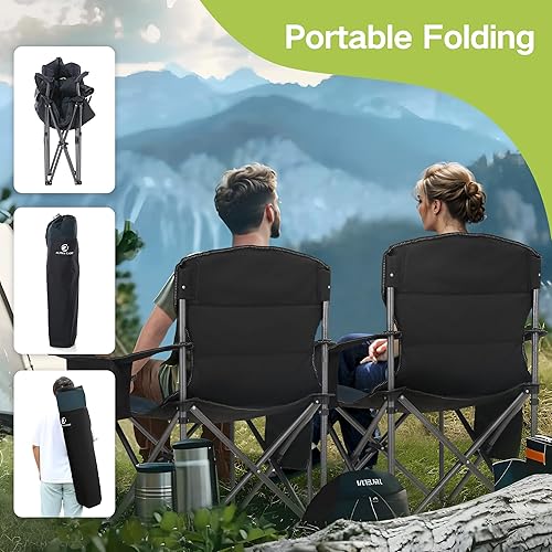 Miniatura 6 de GREEN PARTY Silla plegable de camping de gran tamaño resistente con bolsa refrigeradora, soporte para tazas, bolsillo de almacenamiento, silla