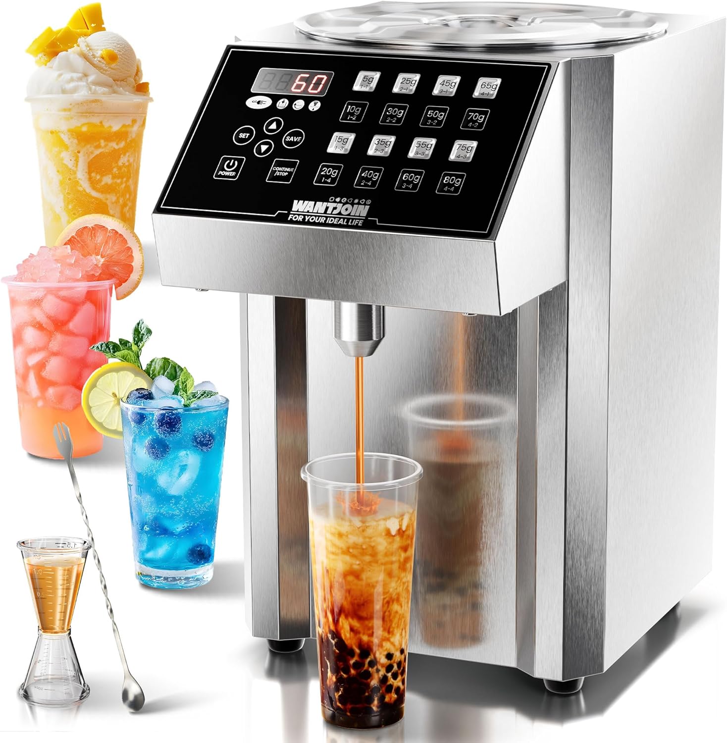 wantjoin fructose dispenser commercial - 16 weight settings automatic sugar dispenser machine 8l/8.5qt syrup quantitative machine for beverage with measuring cup mixing stick bubble tea equipment,350w silver