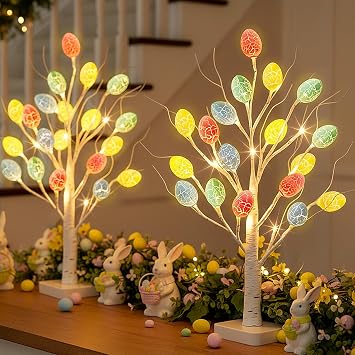 PEIDUO Easter Decorations, 2 Pcs Lighted Easter Tree with 36 Eggs, Battery Powered Birch Tree with Timer for Spring Decoration Indoor Decor 22inch /24 LEDs