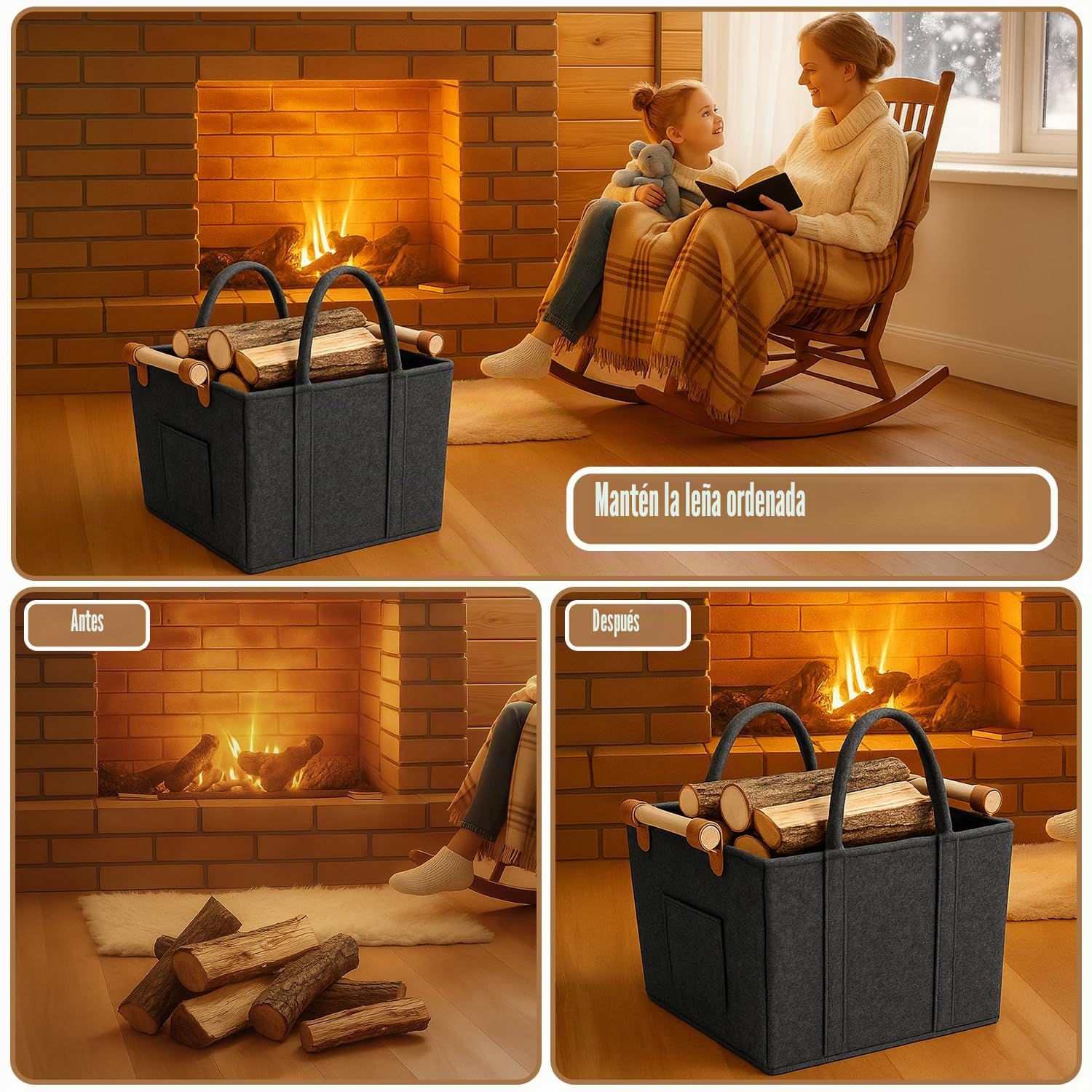 Cesta Leña Chimenea de Fieltro, Cesta para Leña con Guantes, Cestas Almacenaje con Asas de Transporte, para Leña, Revistas, Periódicos, Ropa (42 cm x40 cm x 30 cm)
