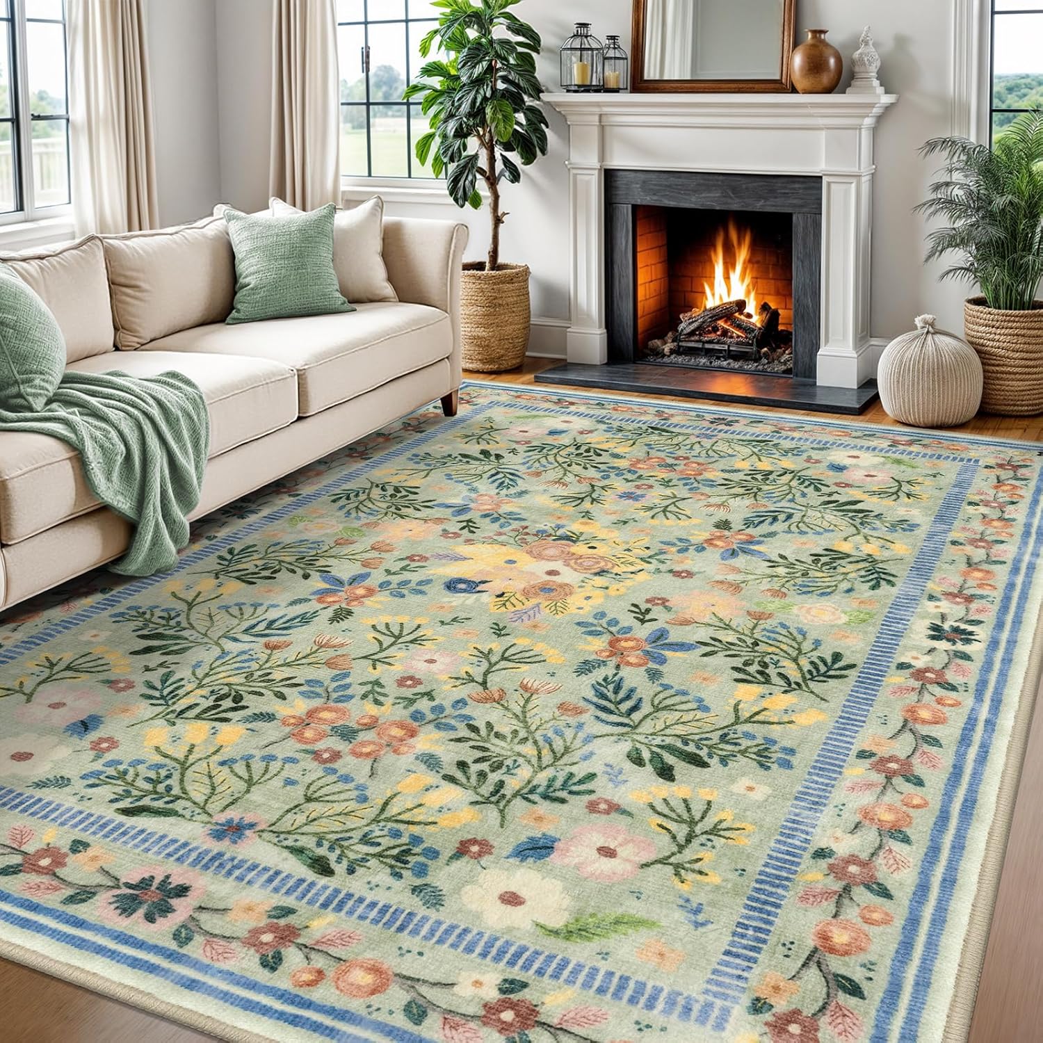 Area Rugs for Living Room 8x10, Washable Boho Green Thin Floral Living Room Rug Non-Slip, Vintage Bedroom Indoor Carpet for Dining Room Kitchen Playroom Office, Green/Multi 8' x 10' (Rectangular) Green