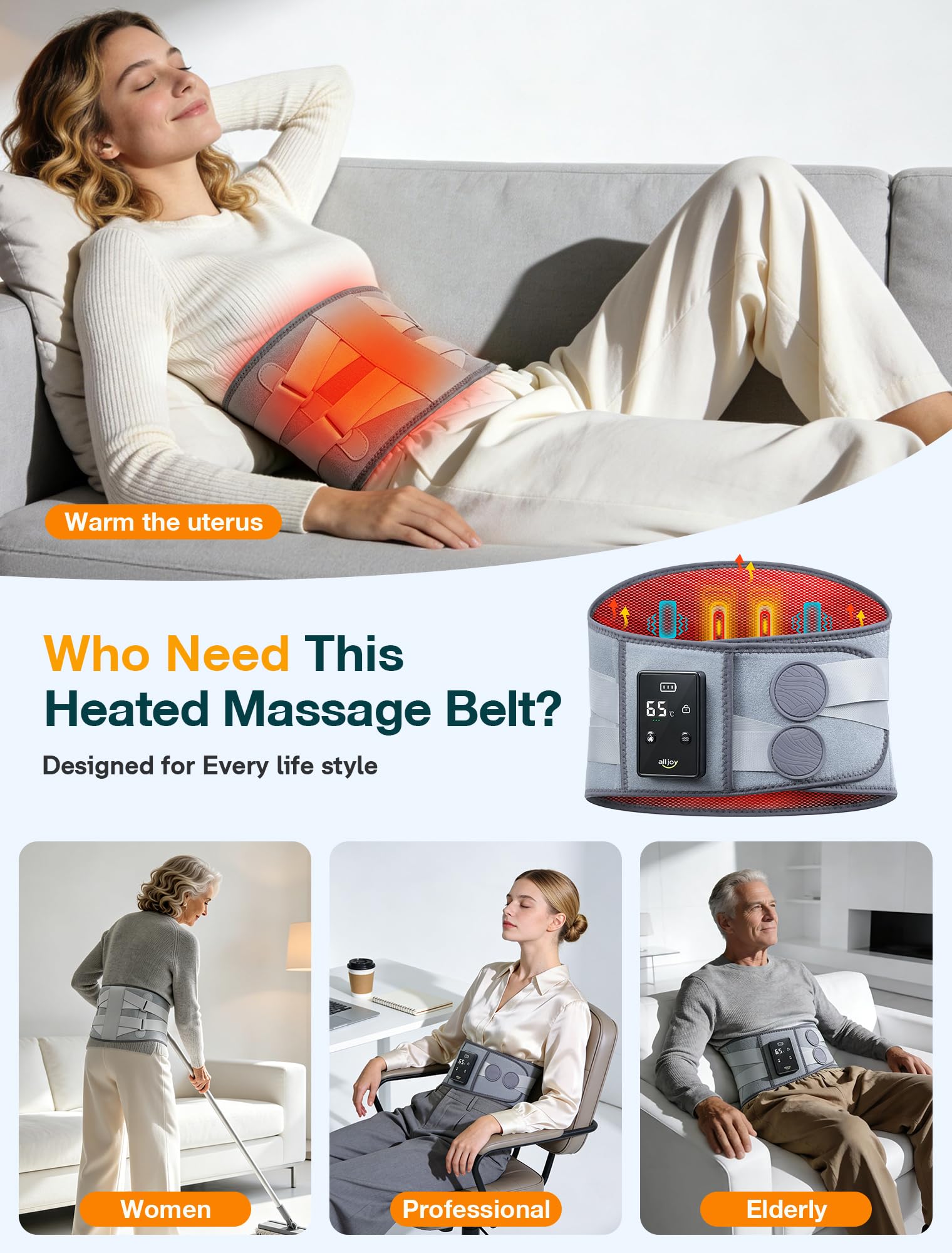 ALLJOY 67" Cordless Heating Pad for Back Pain Relief FSA Eligible HSA, Mothers Day Gifts for Women Mom Men Dad, Portable Lower Back Massager with 3 Heat 5 Vibration, Wireless Heating Pad for Cramps: Grey