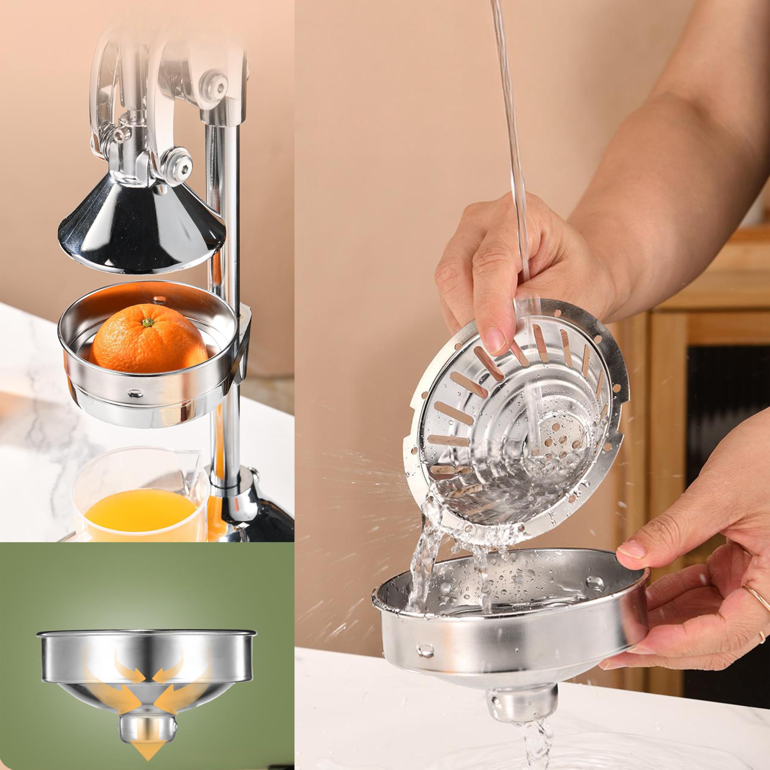 Exprimidor Manual,Exprimidor de Frutas Manual con Tapa de Presión y Filtro en 304, Desmontable y Fácil de Limpiar,Plata