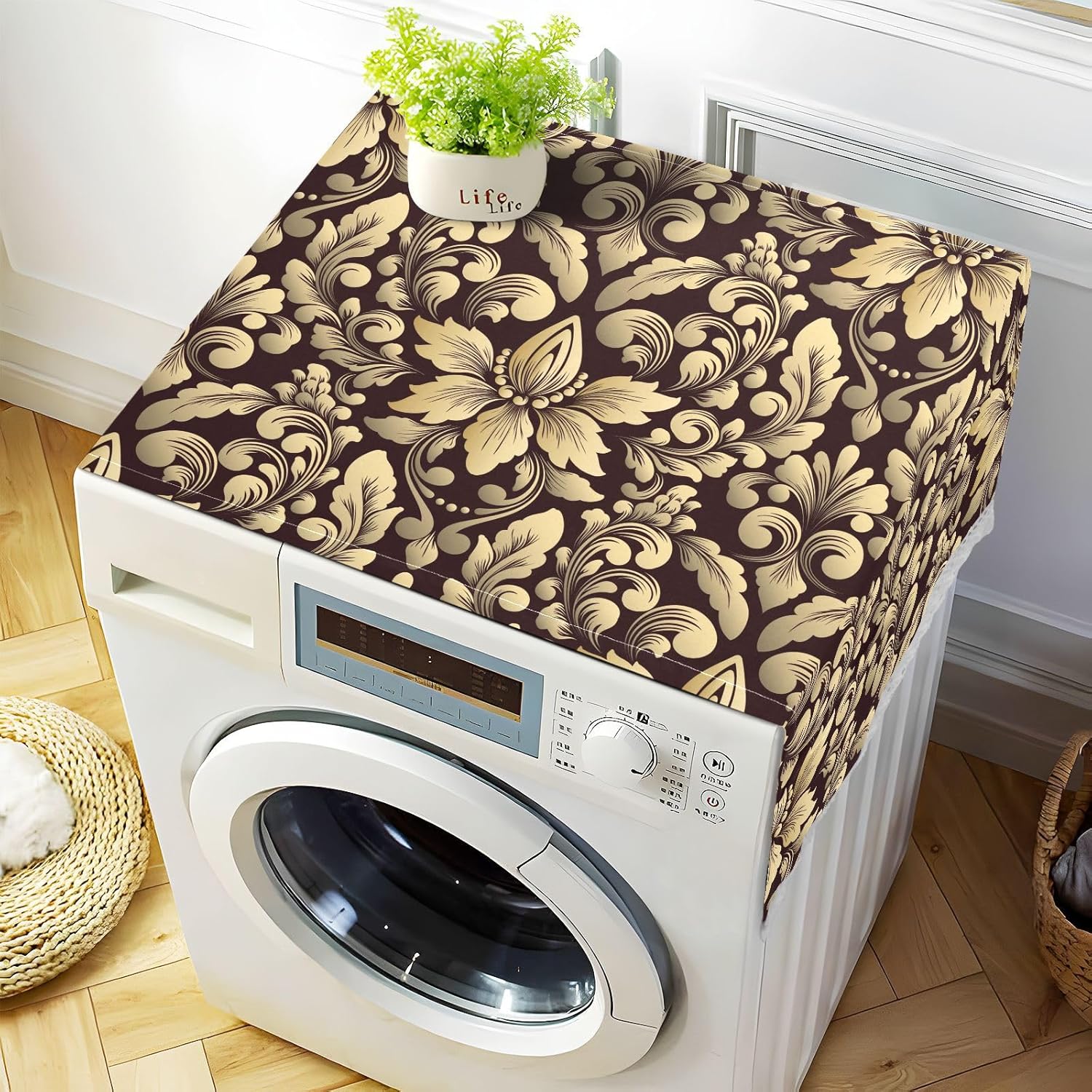 Washer And Dryer Covers For The Top Washing Machine Organizer Dustproof Storage Covers Anti-slip Fabric For Washing Machine Refrigerator Microwave Oven Other Electrical Appliances Damask
