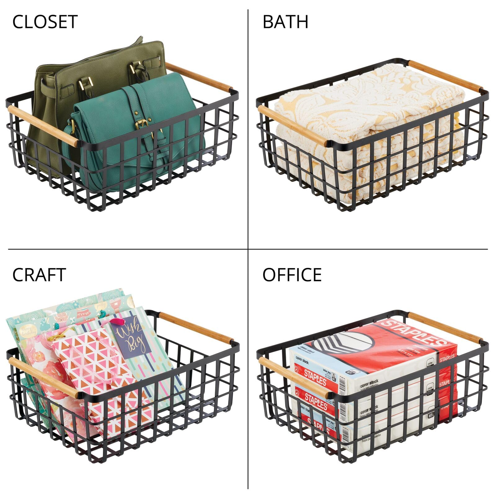 mDesign panier de rangement pratique (lot de 4) – panier en métal pour cuisine ou garde-manger – 40,6 cm x 30,5 cm x 15,2 cm – panier rangement polyvalent pour ustensiles, aliments, etc. – noir mat