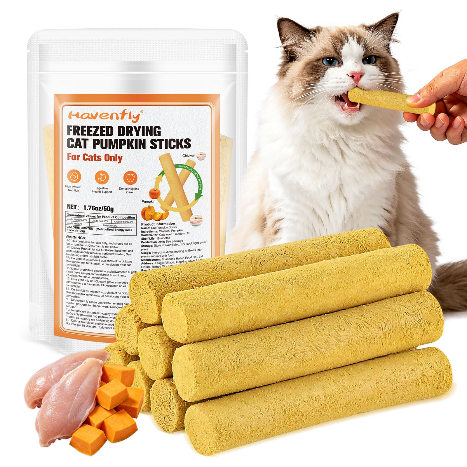 50g Pumpkin Cat Treats, Chicken Cat Teething Stick for Digestive Support and Teeth Cleaning, Edible Kitten Snack — image 1