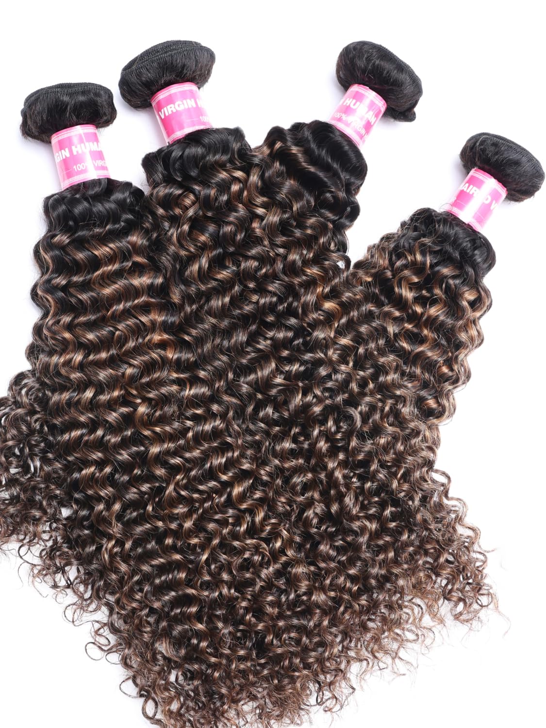 Yilian Julia Hair 12A Ombre Brown Curly Human Hair Weaves 3 Bundles 14 16 18 Inch Brazilian Virgin Jerry Curly Human Hair Extensions Dark Root Brown Highlight Piano Color 1B/30 Brown Color