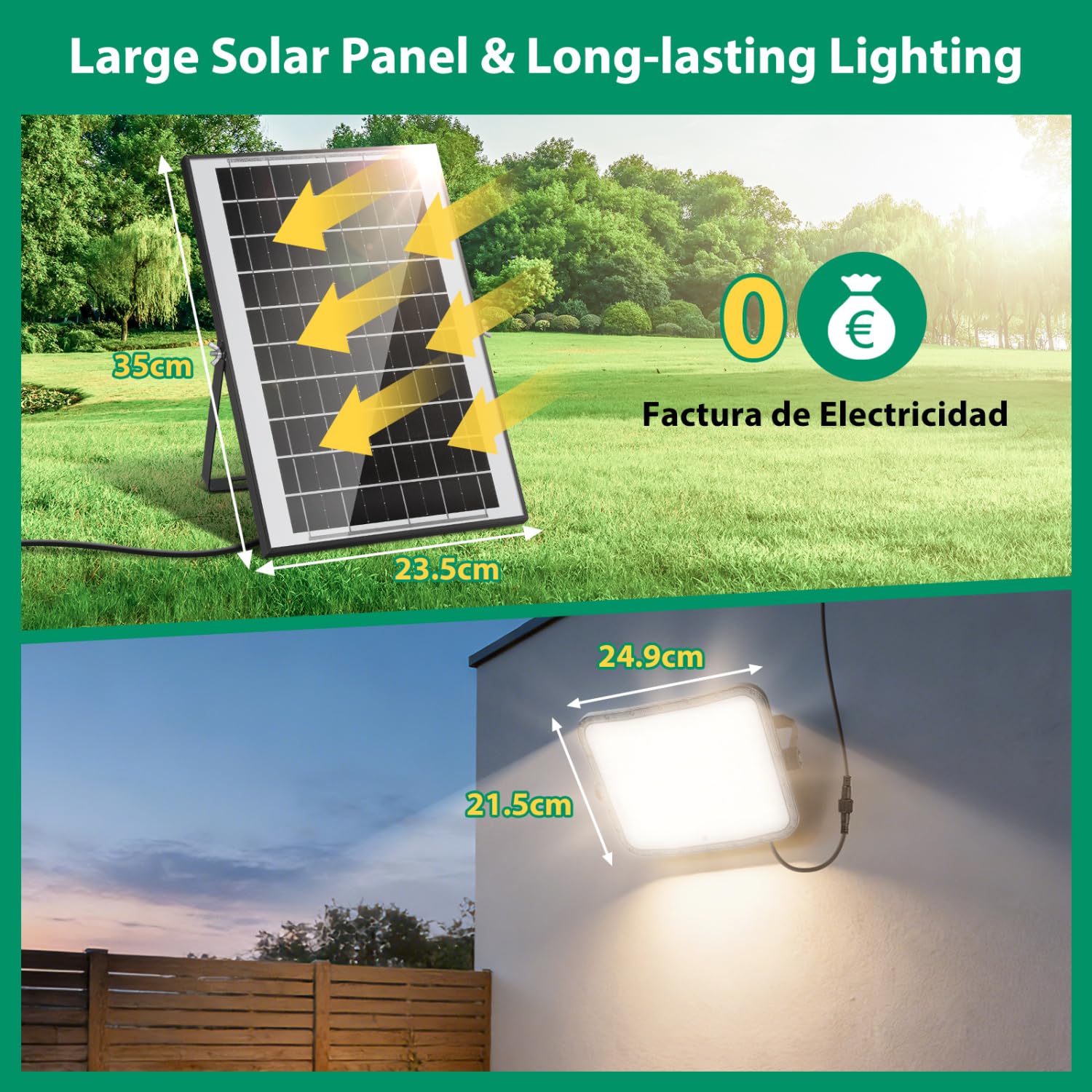 Aigostar Foco proyector LED con gran panel solar，Cable de 5m，150W，1500lm，10000mAH，Batería de gran capacidad.regulable 3000/4000/6500K.Uso interior/exterior IP65:Porches，Jardín，Camino，Piscina，2 Piezas