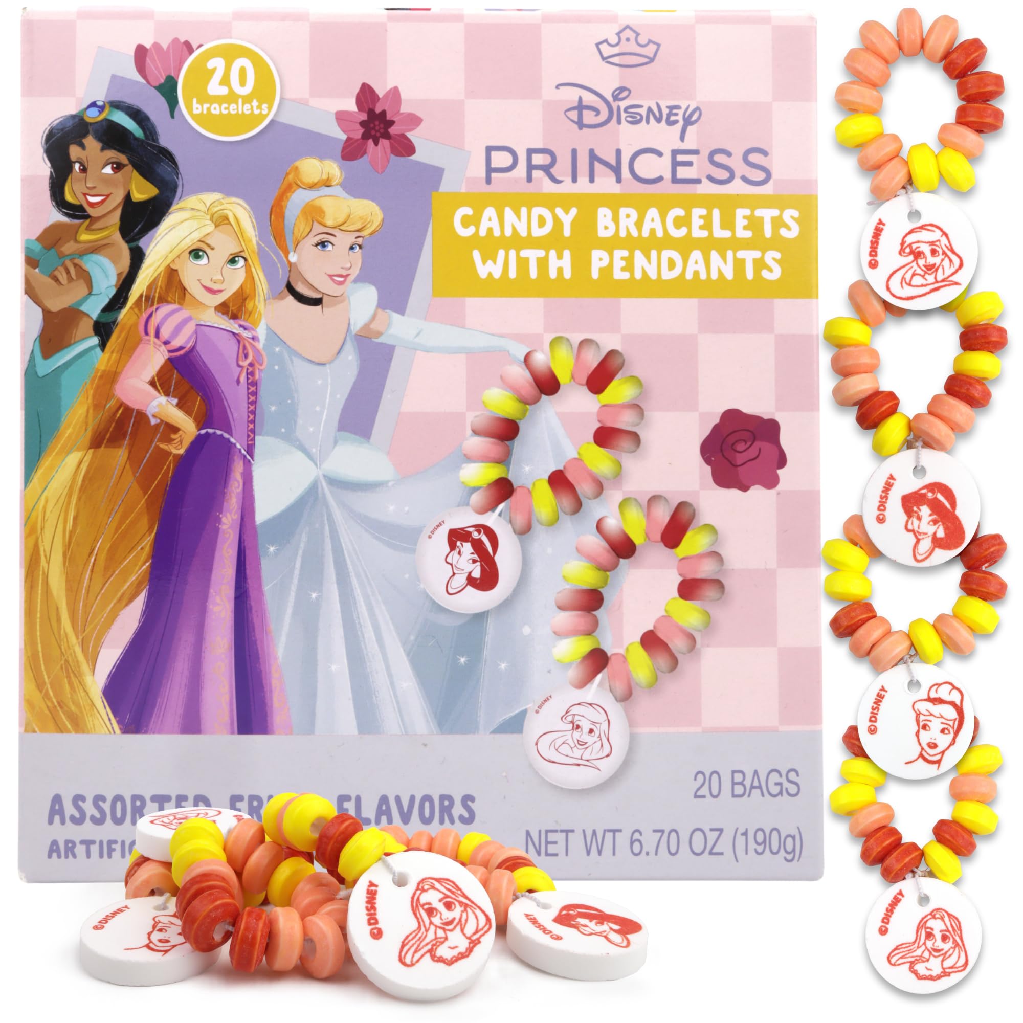 Disney Princess Candy Bracelets, Edible Jewelry with Character Charms, Individually Wrapped Party Favors, 20 Pieces Inside