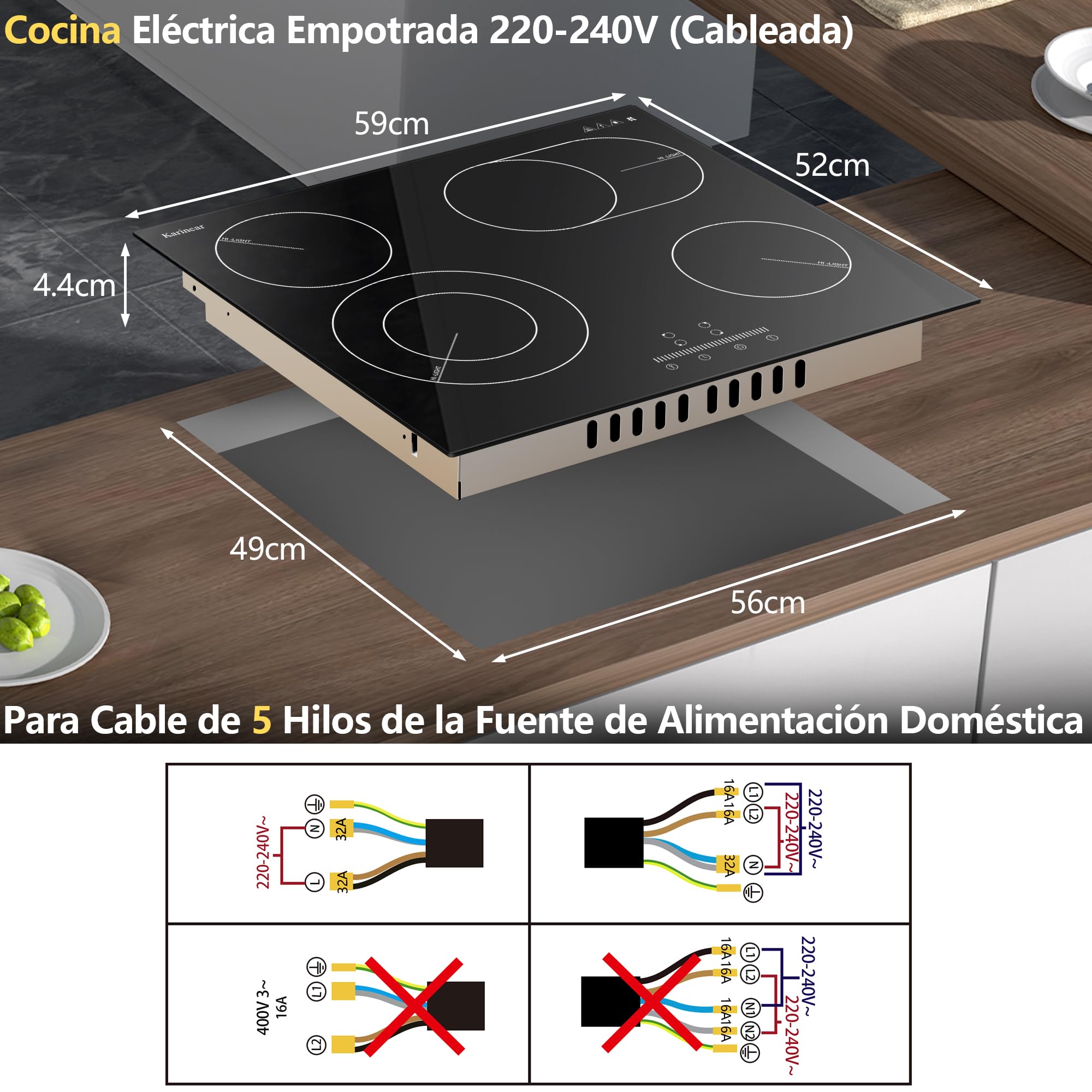 Karinear Placa vitroceramica 4 Fuegos 60cm, Área ampliable | Control Deslizante, Bloqueo de Seguridad, Temporizador de 99 minutos，Indicador de calor residual