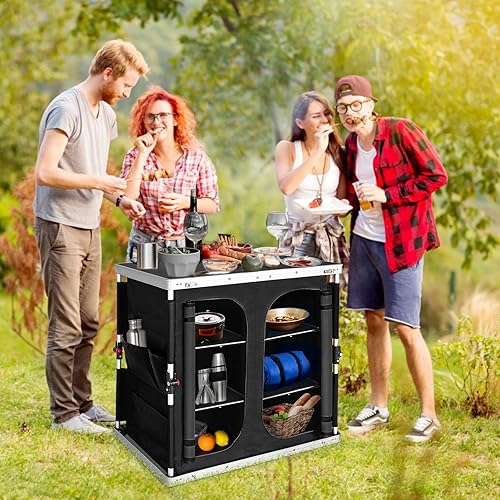 Vista 30 de EAGLE PEAK Mesa de camping plegable para exteriores con organizador grande de almacenamiento de 3 niveles y bolsillos laterales, fácil de instalar