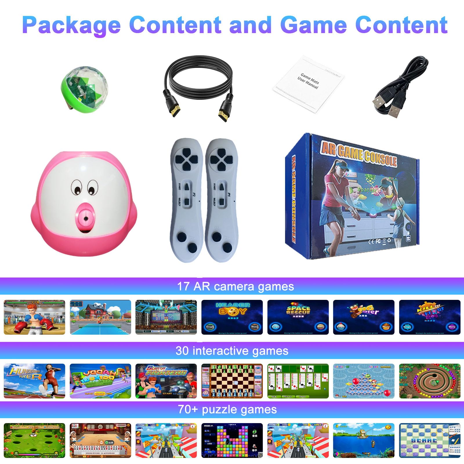 Console di gioco TV con oltre 100 giochi, 2 controller wireless, HDMI Plug & Play, include 30 giochi sportivi e 17 giochi AR, regalo di compleanno di Natale per ragazze e ragazzi, età 3+