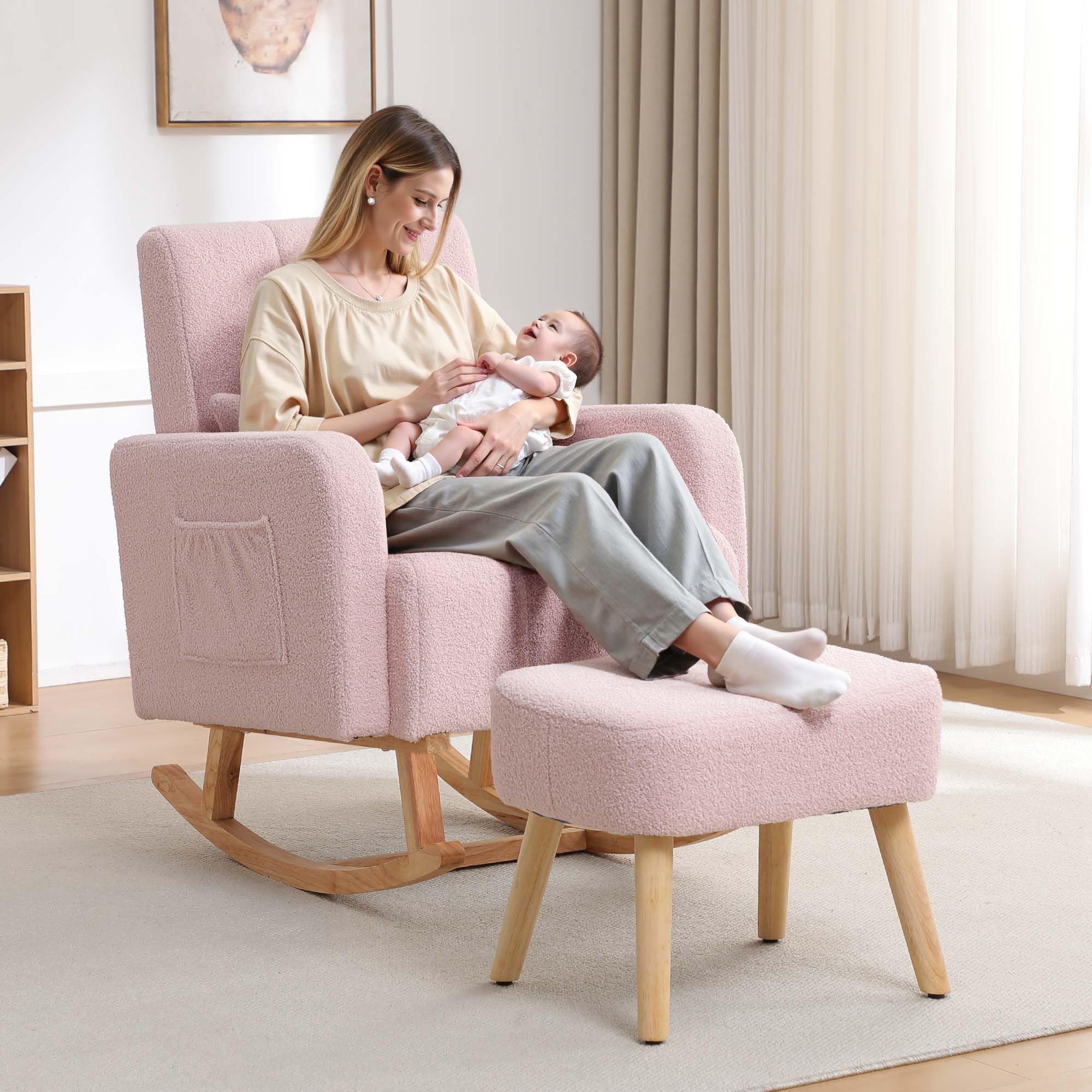 HCHAIRH Rocking Chair with Ottoman, Upholstered Glider Rocker Armchair with High Backrest and Side Pocket, Comfy Reading Chair with Solid Wood Legs for Nursery, Living Room,Bedroom, Pink