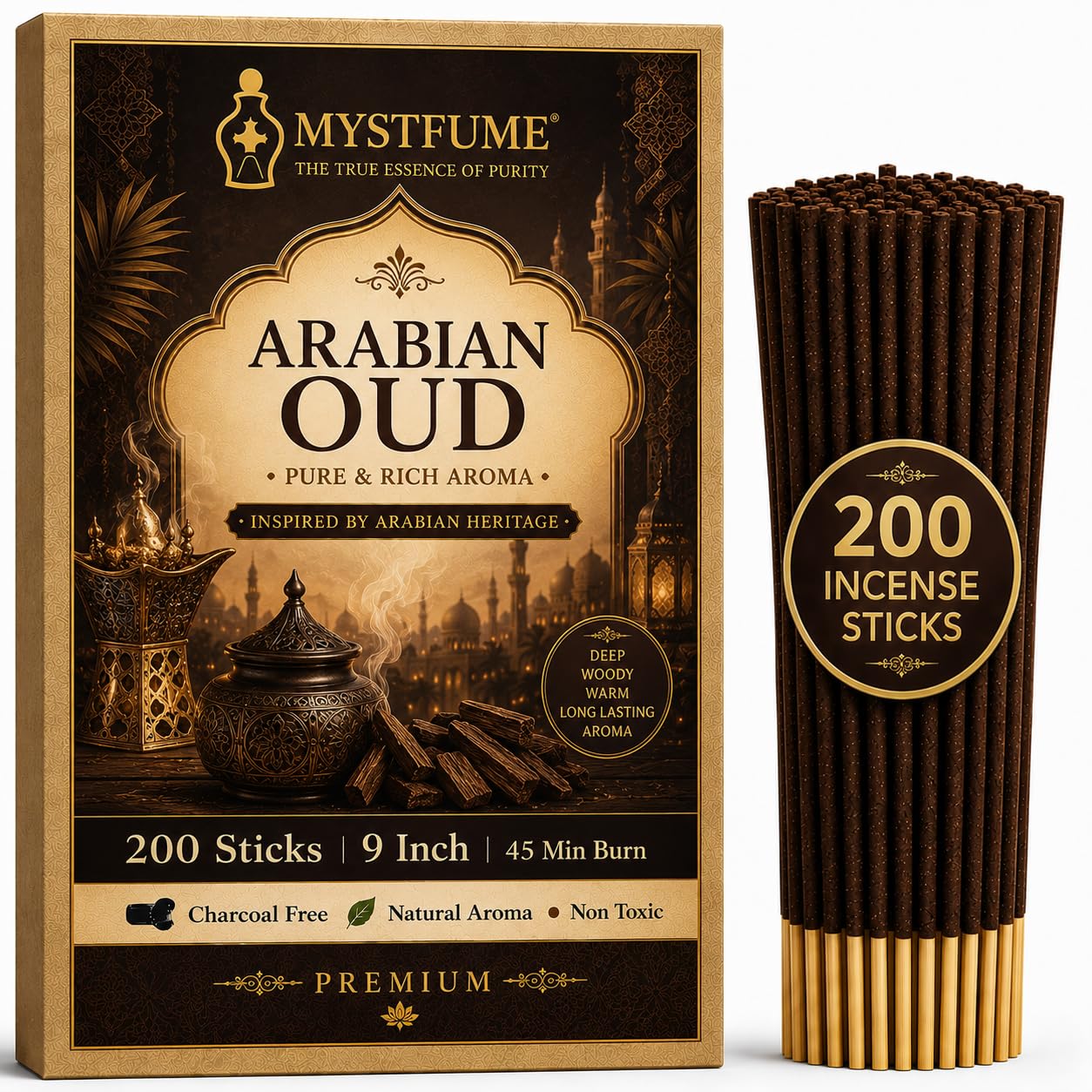 Arabian Oud Premium Incense Sticks | 200 Agarbatti Sticks | Luxury Arabic Oudh Fragrance | Long Lasting Aroma for Pooja, Meditation, Home, Office & Yoga-picture-16