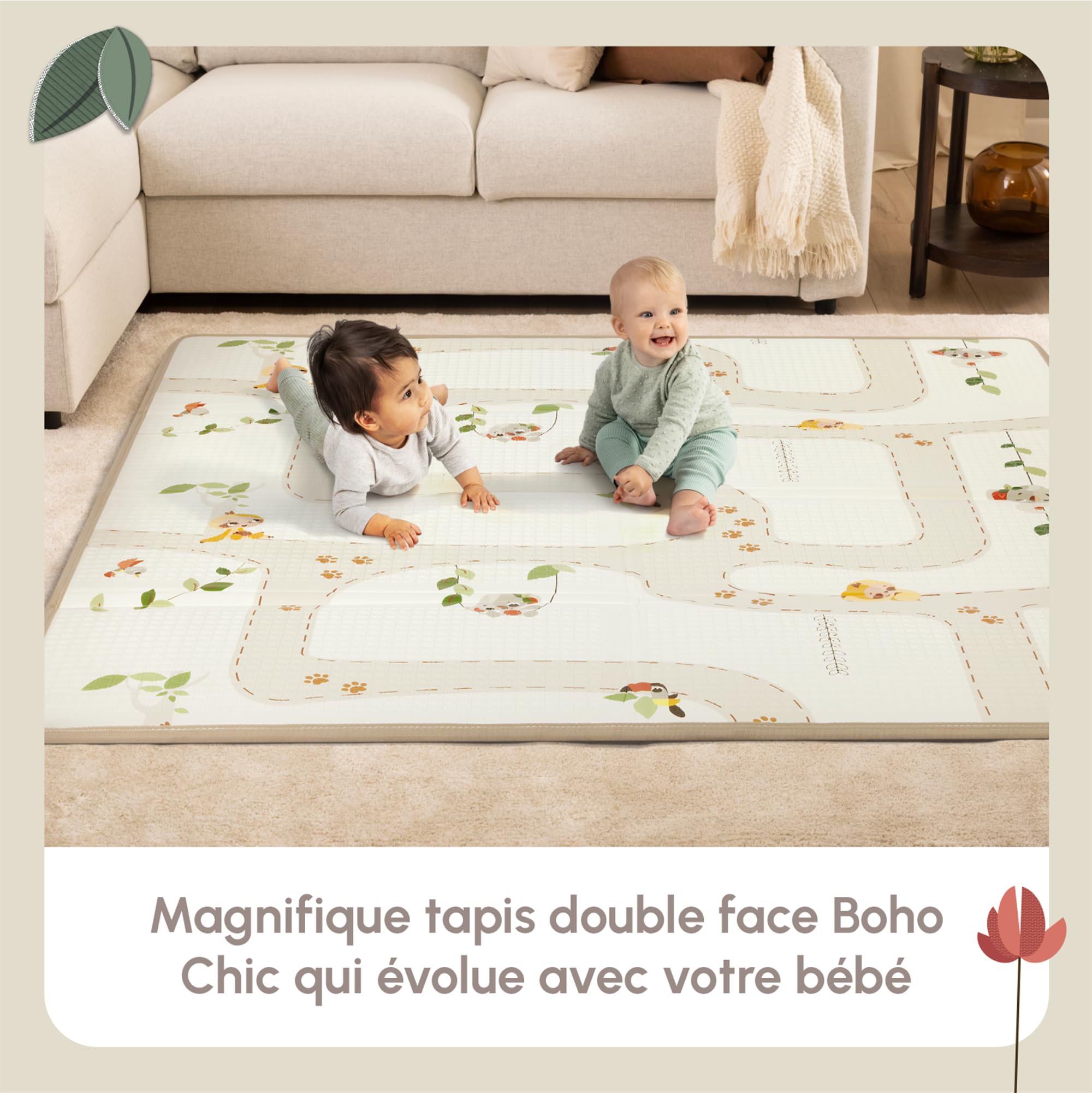 Tiny Love XL Tapis D'éveil Pliable en Mousse, Tapis D'éveil Bébé, 0+ mois, Double-face, Tapis Bébé Pliable & Léger, 150 x 150 cm, Doux & Épais (1 cm), Résistant à L'eau, Facile à Nettoyer, Boho Chic