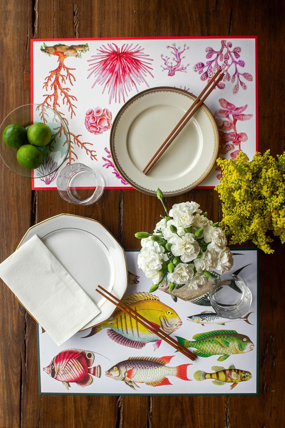 Paper Placemats 12x18 inch Disposable 24 Pack, 2 Tropical Fish & Coral Reef Designs, Coastal Beach House Summer Party Sushi Seafood Table Decor, Tear-Off Pad Hosting Supplies Home Travel Gift
