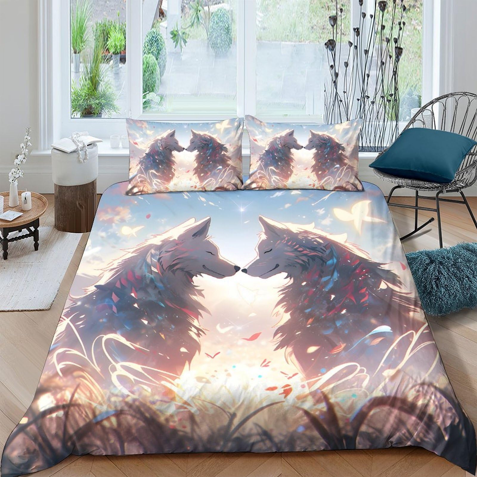 Ctjqhvkz Style-1 3D Printed Fantasy Wolf Silhouette Fitted Sheet Microfiber Soft Breathable Sunset Forest Mattress Cover Bedroom Decor Single（135X200cm）