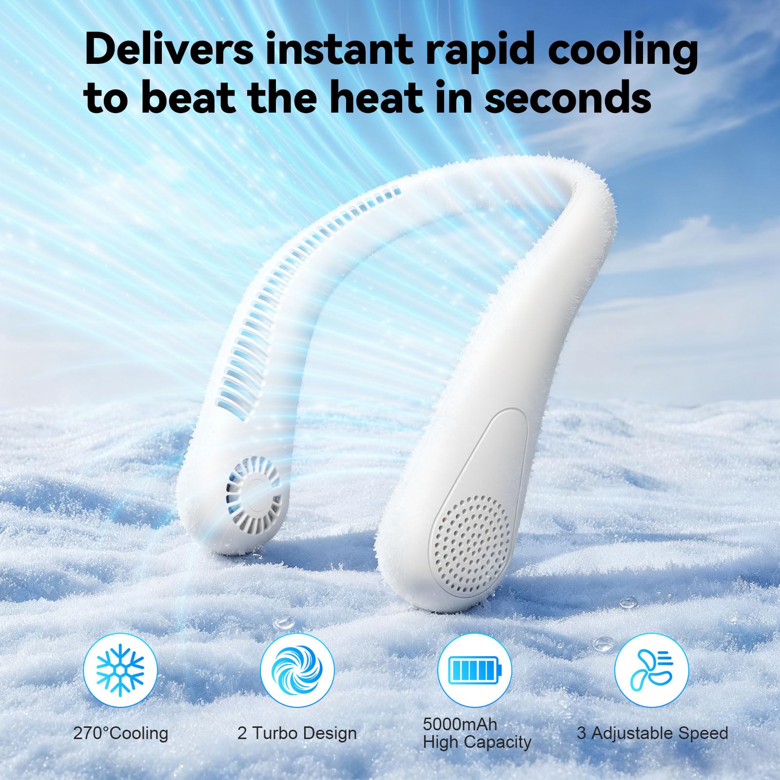 HandFan 5000mAh Halsventilator Akku Nackenventilator Tragbarer Ventilator Blattloses Mini USB Lüfter für Wandern, Outdoor Sport, Reisen, Zuhause, Büro, Blau (Weiß-3 Geschwindigkeiten)