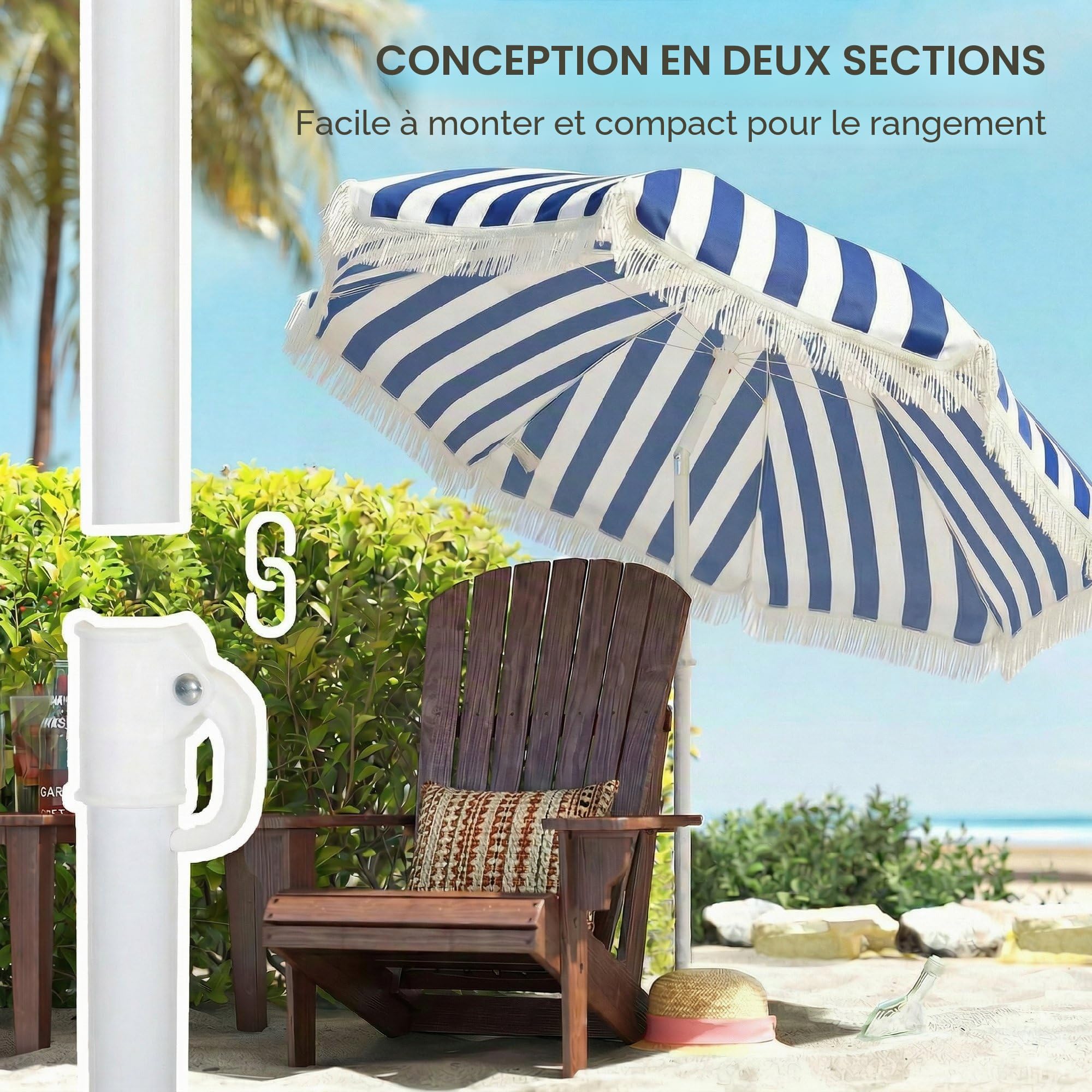 Outsunny Parasol de plage avec franges Ø 180 cm, parasol de terrasse extérieur avec hauteur réglable, inclinaison de 30°, ancrage sable et sac de transport